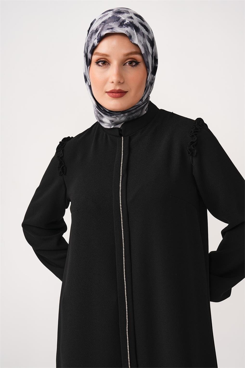 SİTARE  ROBA KREP OMUZ FIRFIRLI TUNİK 231002- Siyah