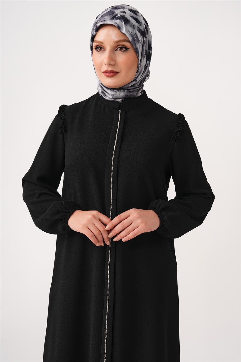 SİTARE  ROBA KREP OMUZ FIRFIRLI TUNİK 231002- Siyah