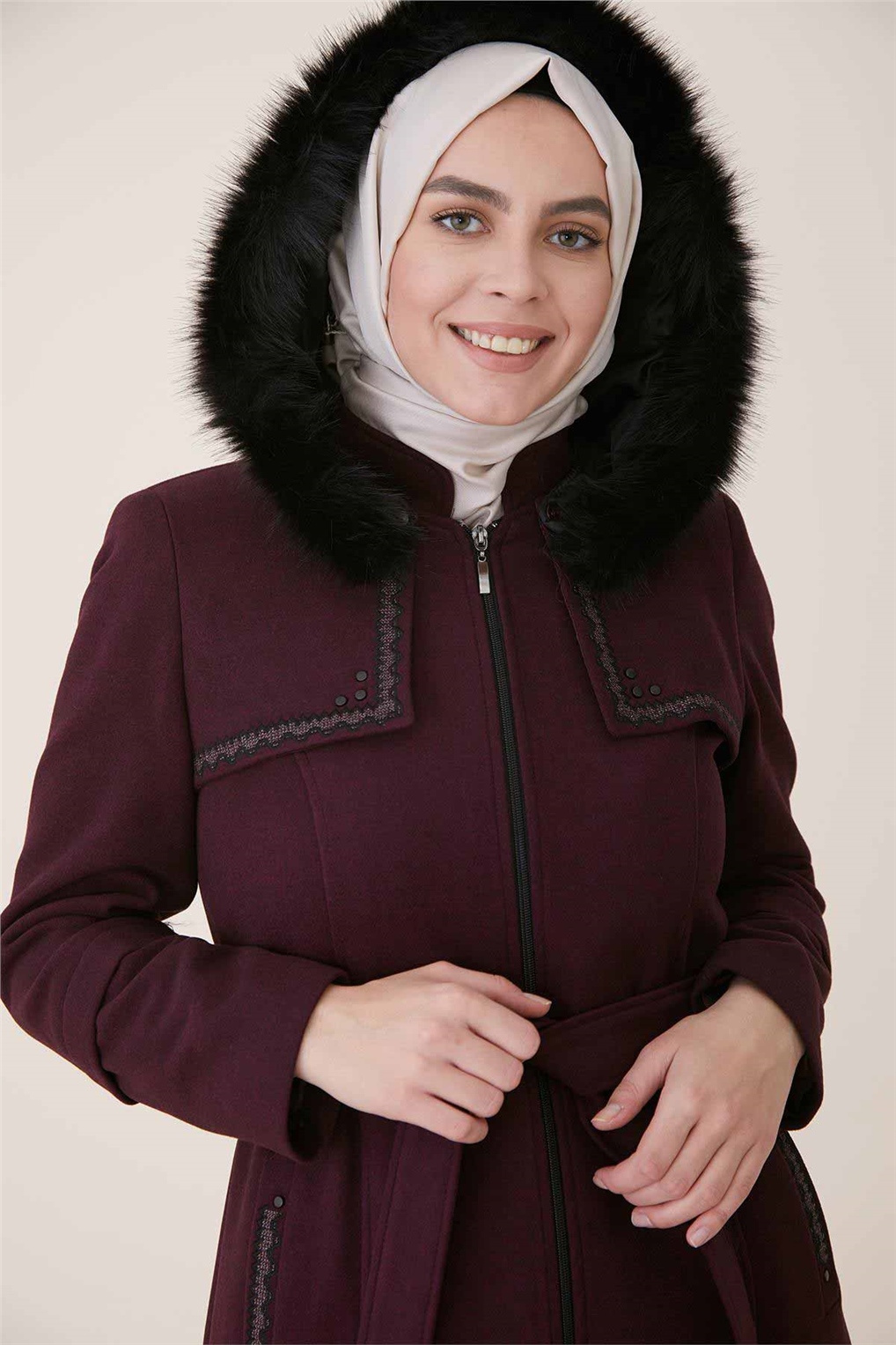 Sitare Rüzgarlıgı Ve Cebi Nakışlı Manto 20K707- Bordo Menajlı