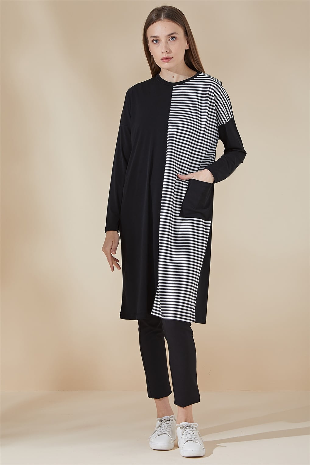 Sitare Sandy Çizgili Tunik 21YMRTTN1238- Siyah