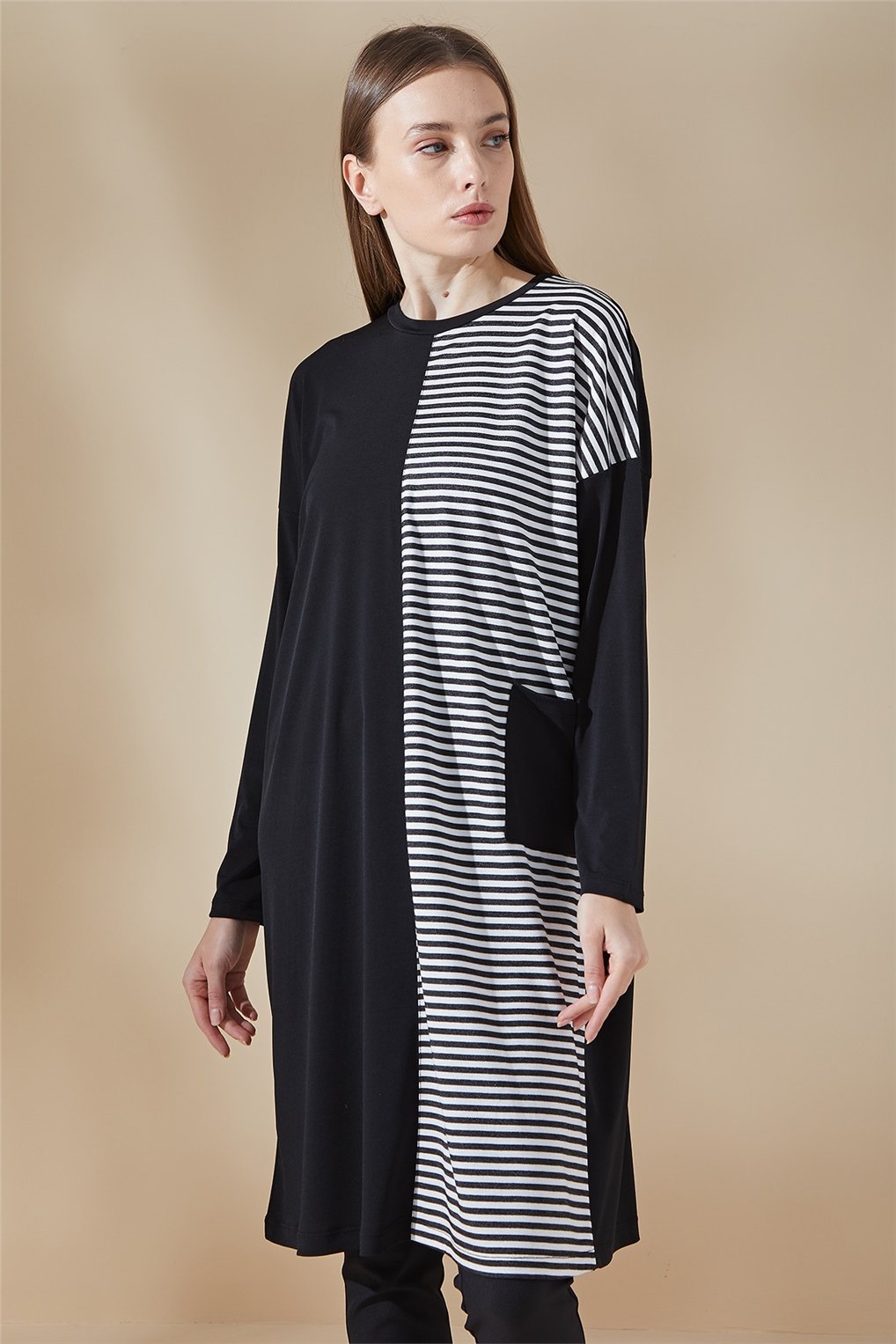 Sitare Sandy Çizgili Tunik 21YMRTTN1238- Siyah