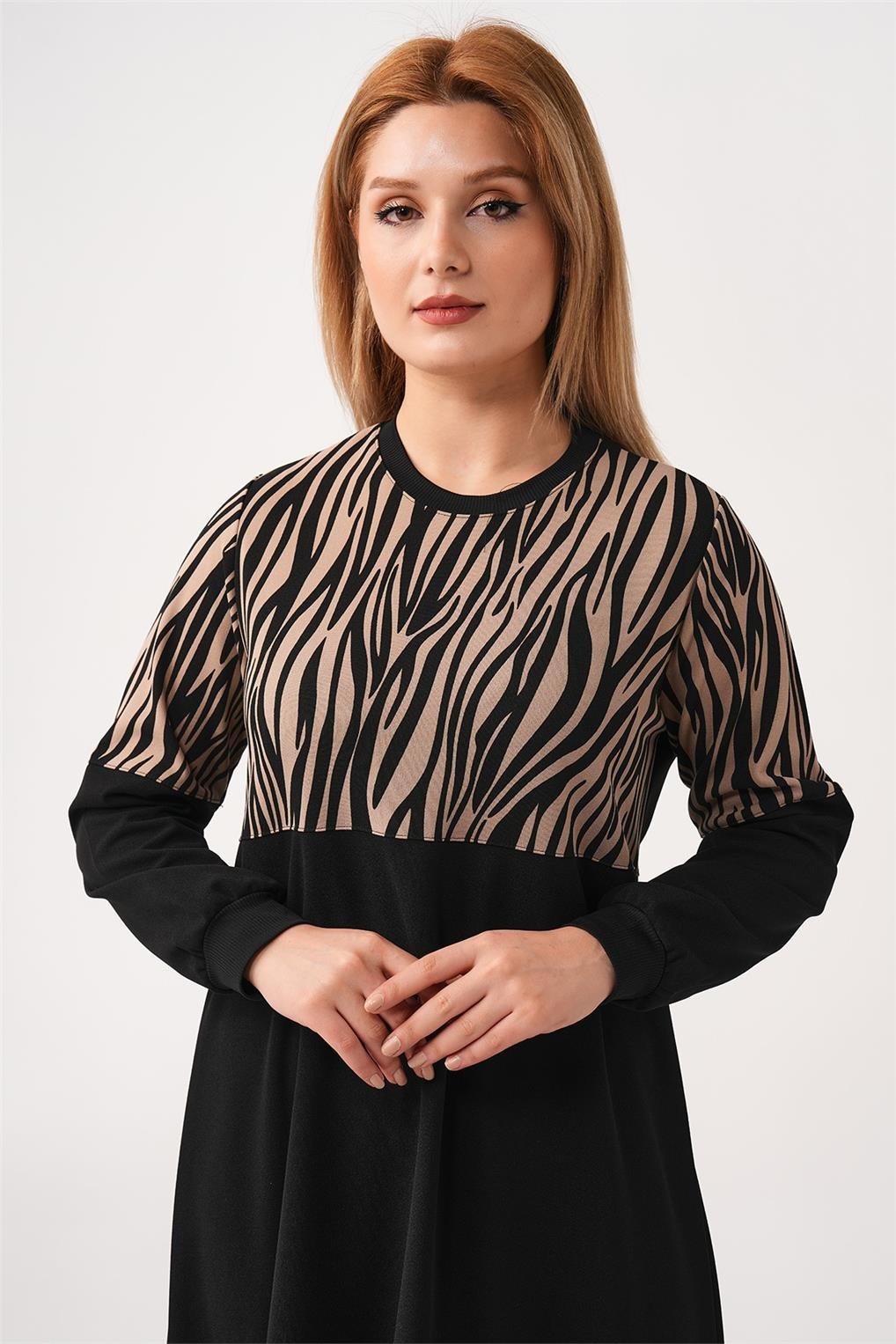 SİTARE SCUBA ZEBRA DESENLİ ELBİSE 231091- Vizon