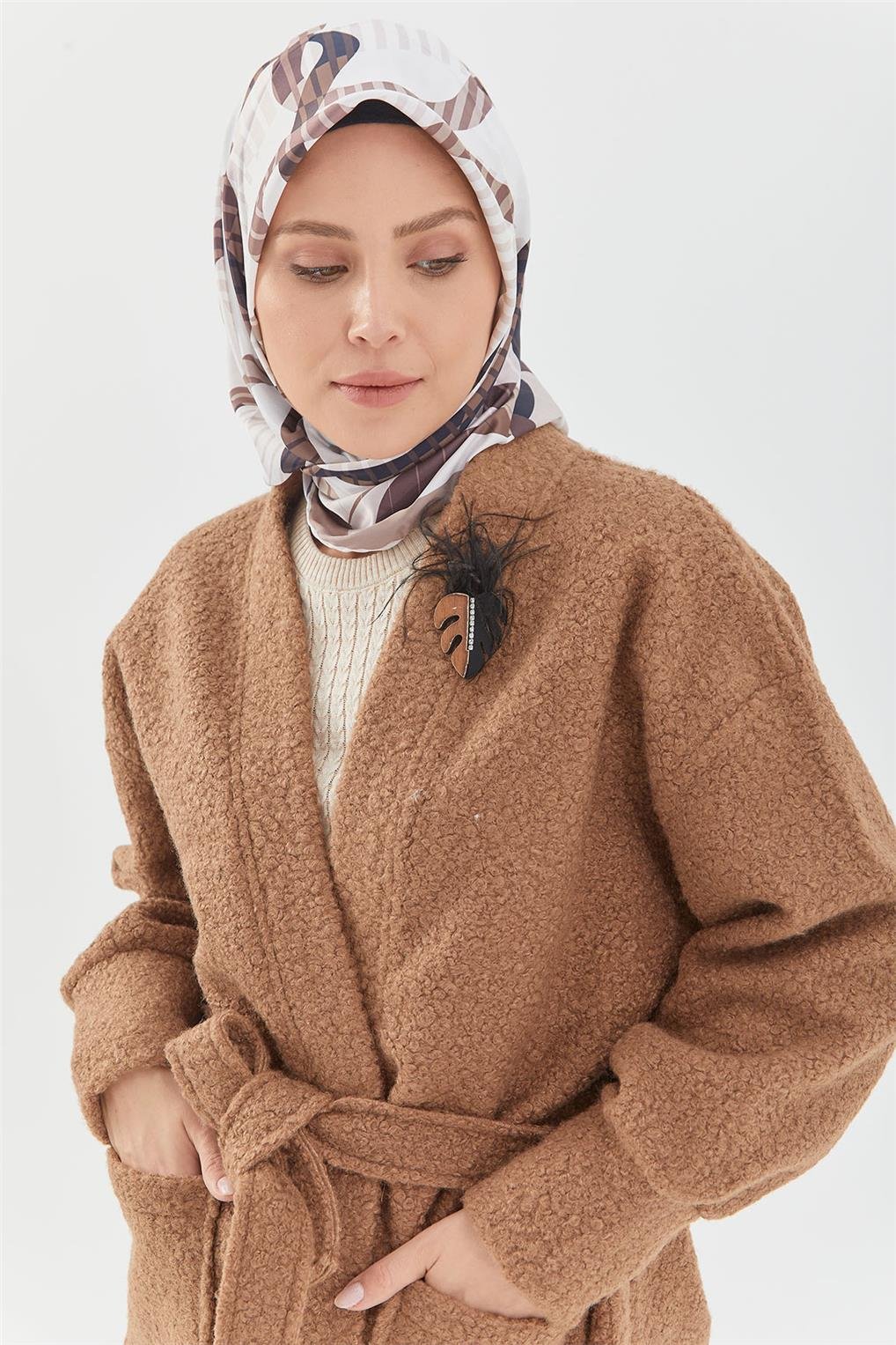 SİTARE ŞENAYSU BROŞLU PELUŞ CEKET 9610- Vizon
