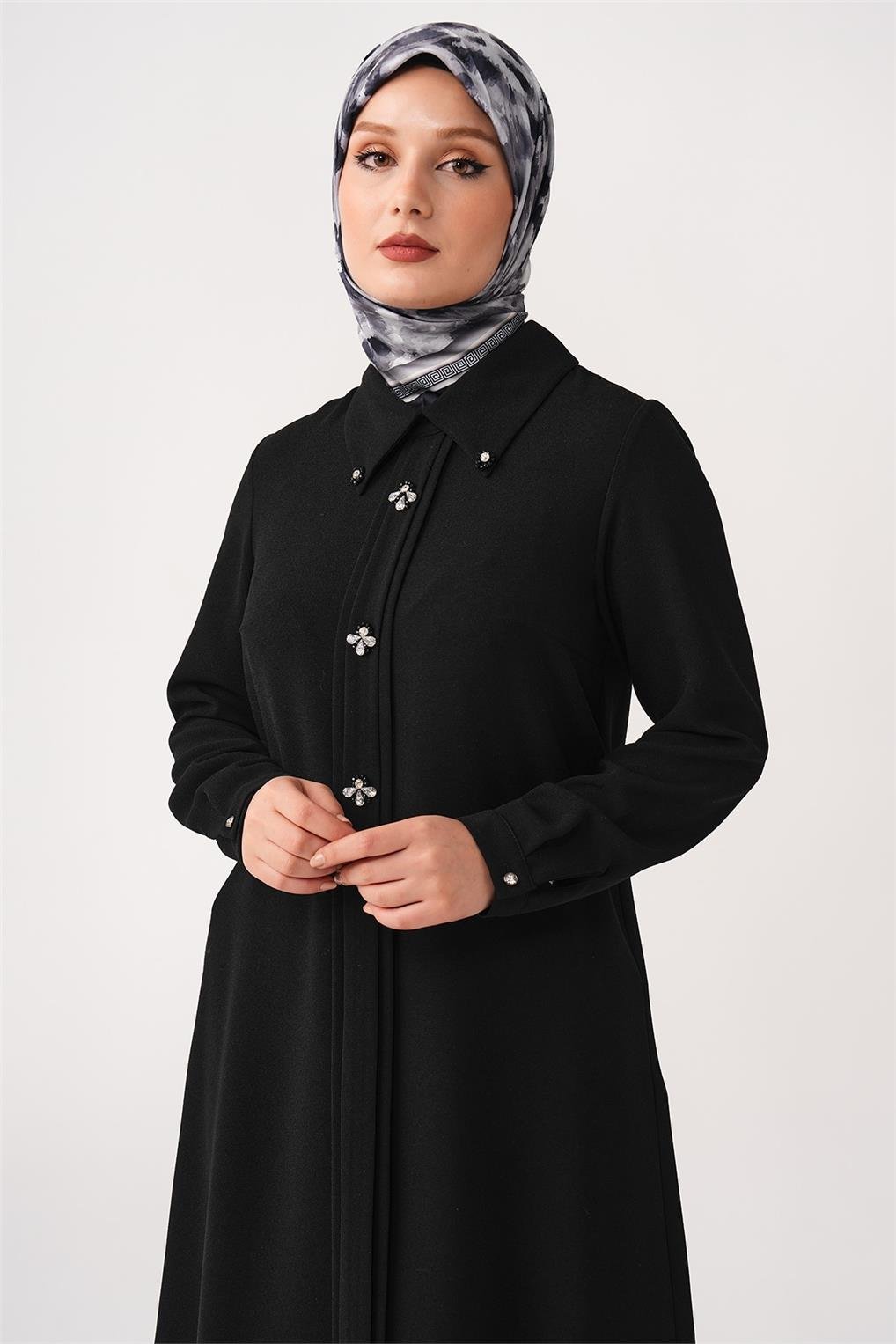 SİTARE YAKA UCU TAŞLI ÖNDEN PATLI TUNİK 231009- Siyah