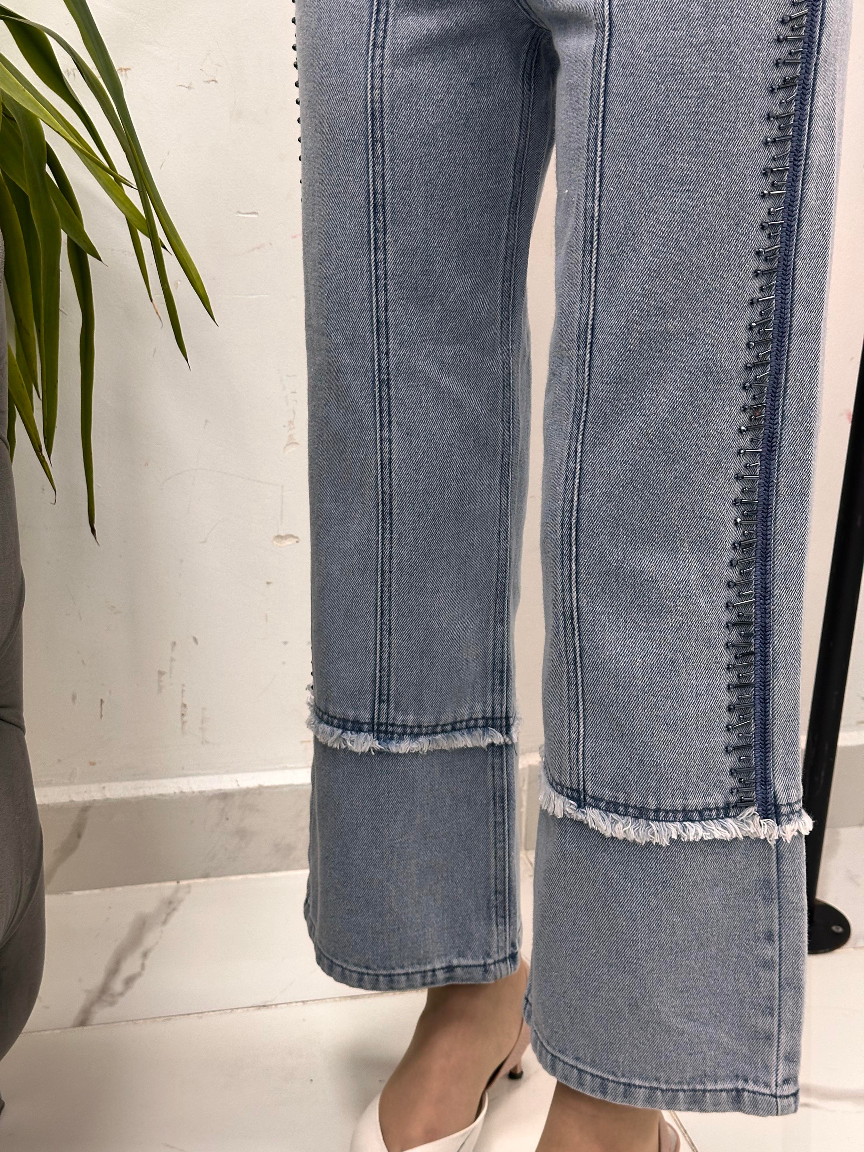 Boncuklu Denim Açık Mavi