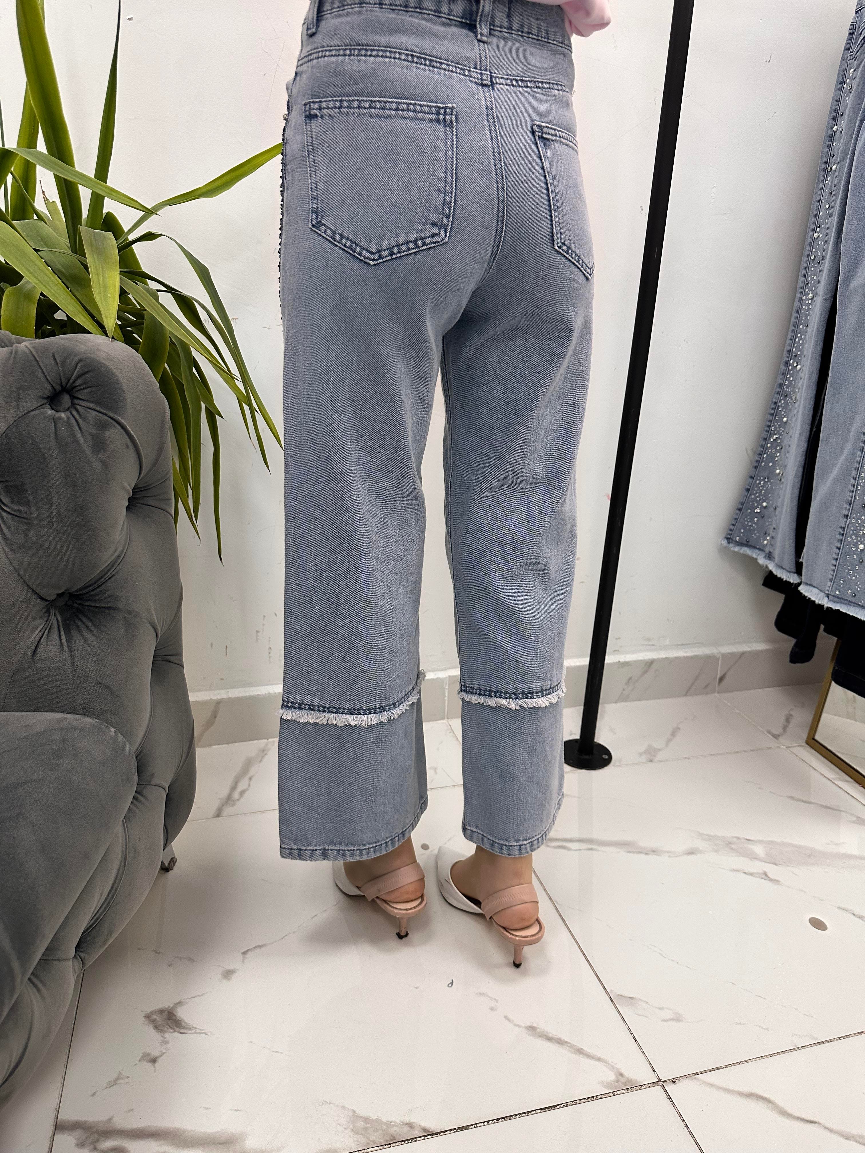 Boncuklu Denim Açık Mavi