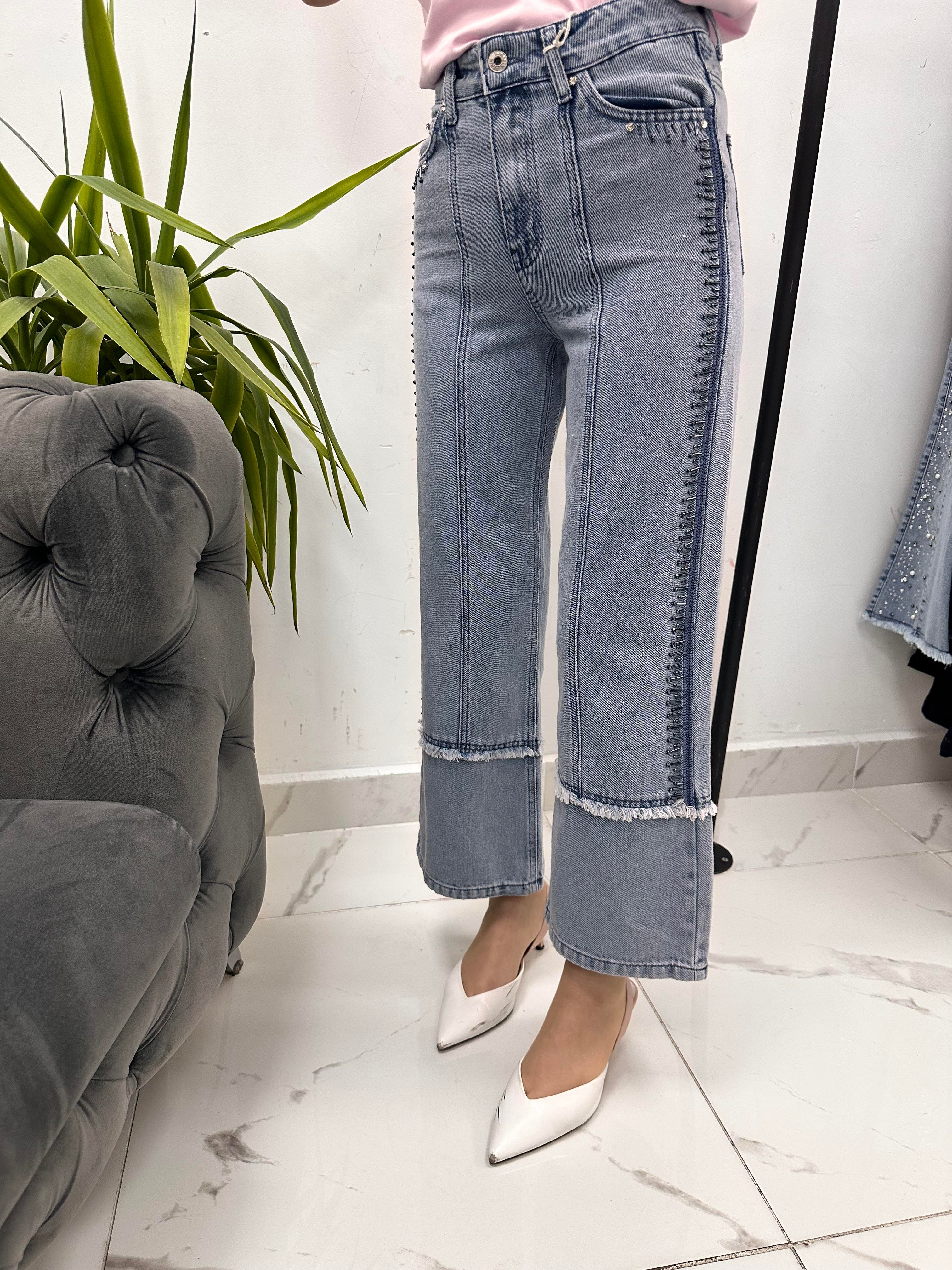 Boncuklu Denim Açık Mavi