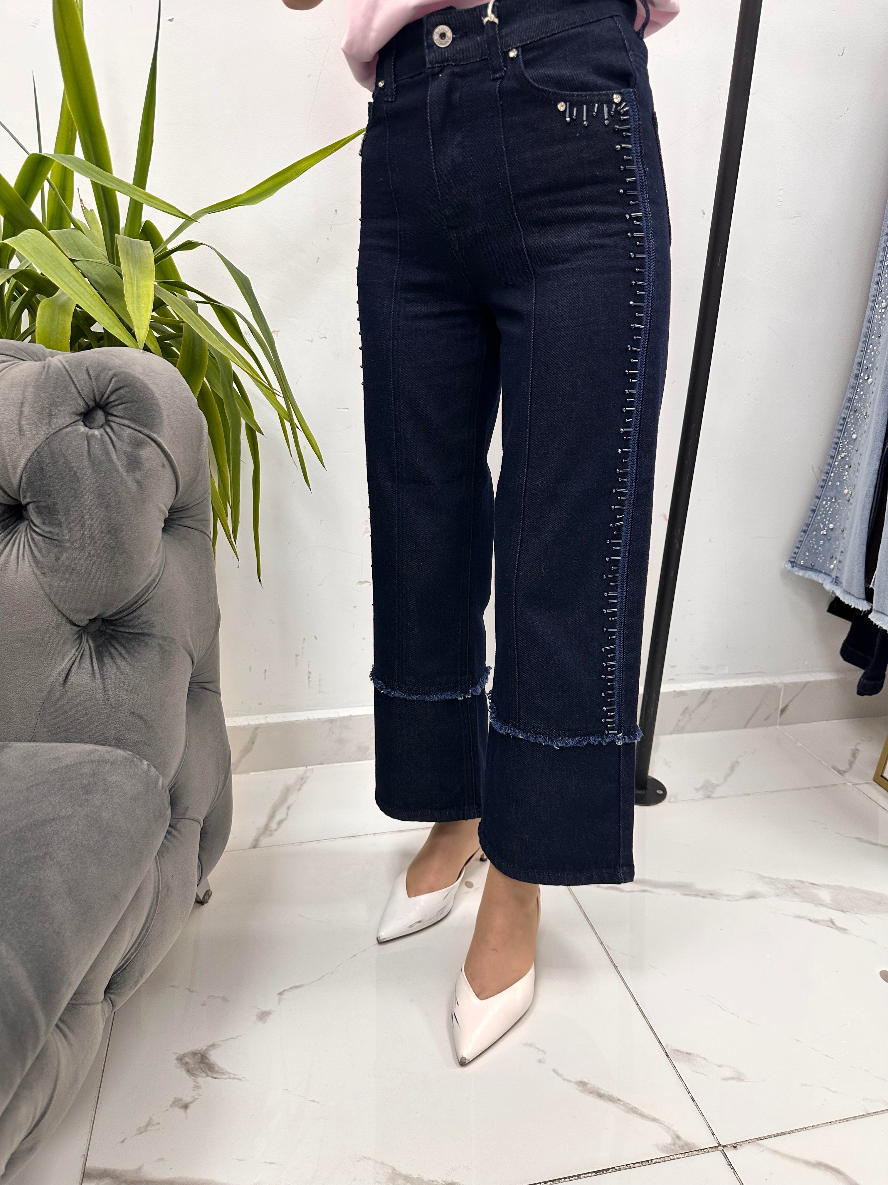 Boncuklu Denim Koyu Mavi