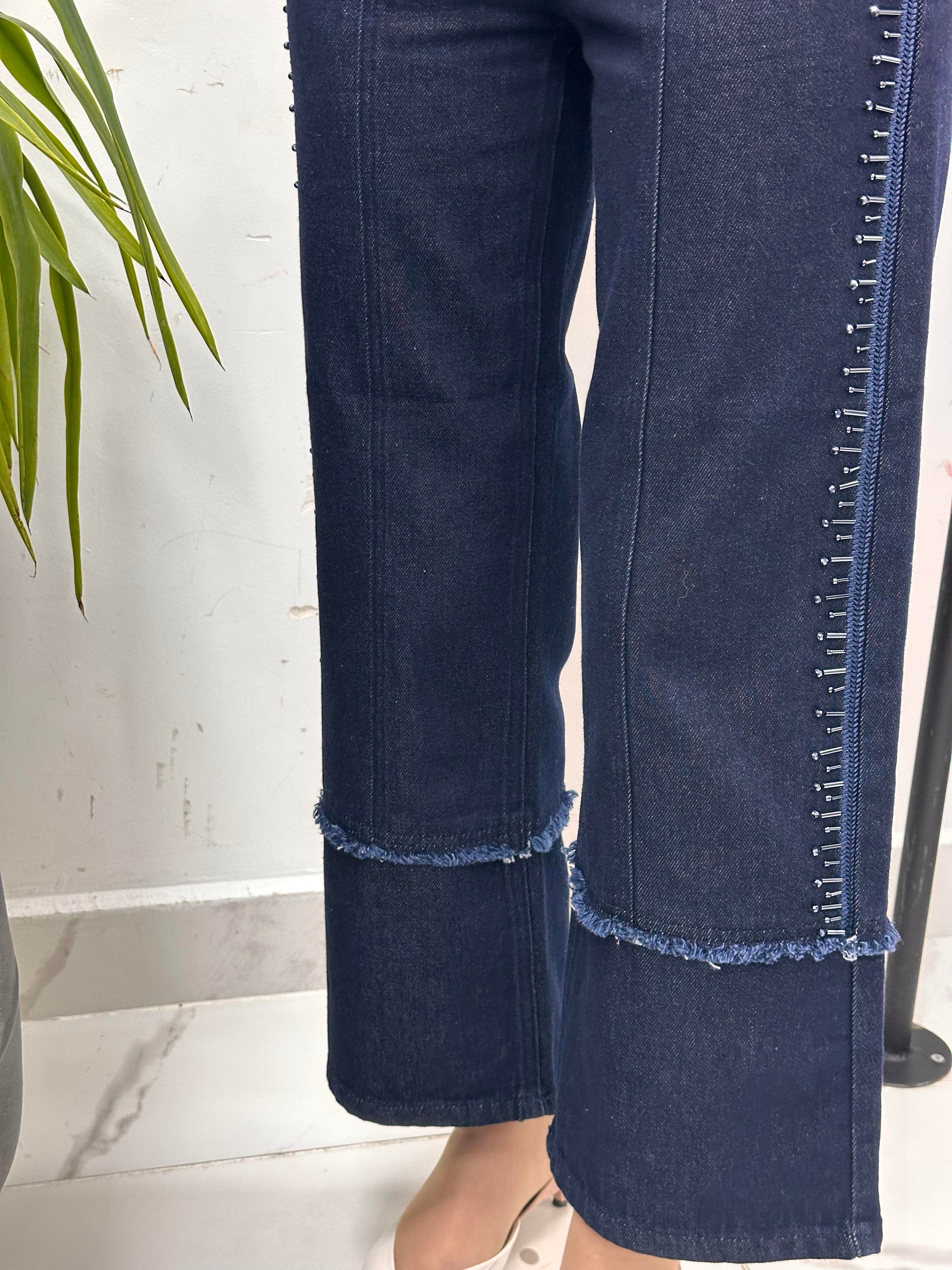 Boncuklu Denim Koyu Mavi