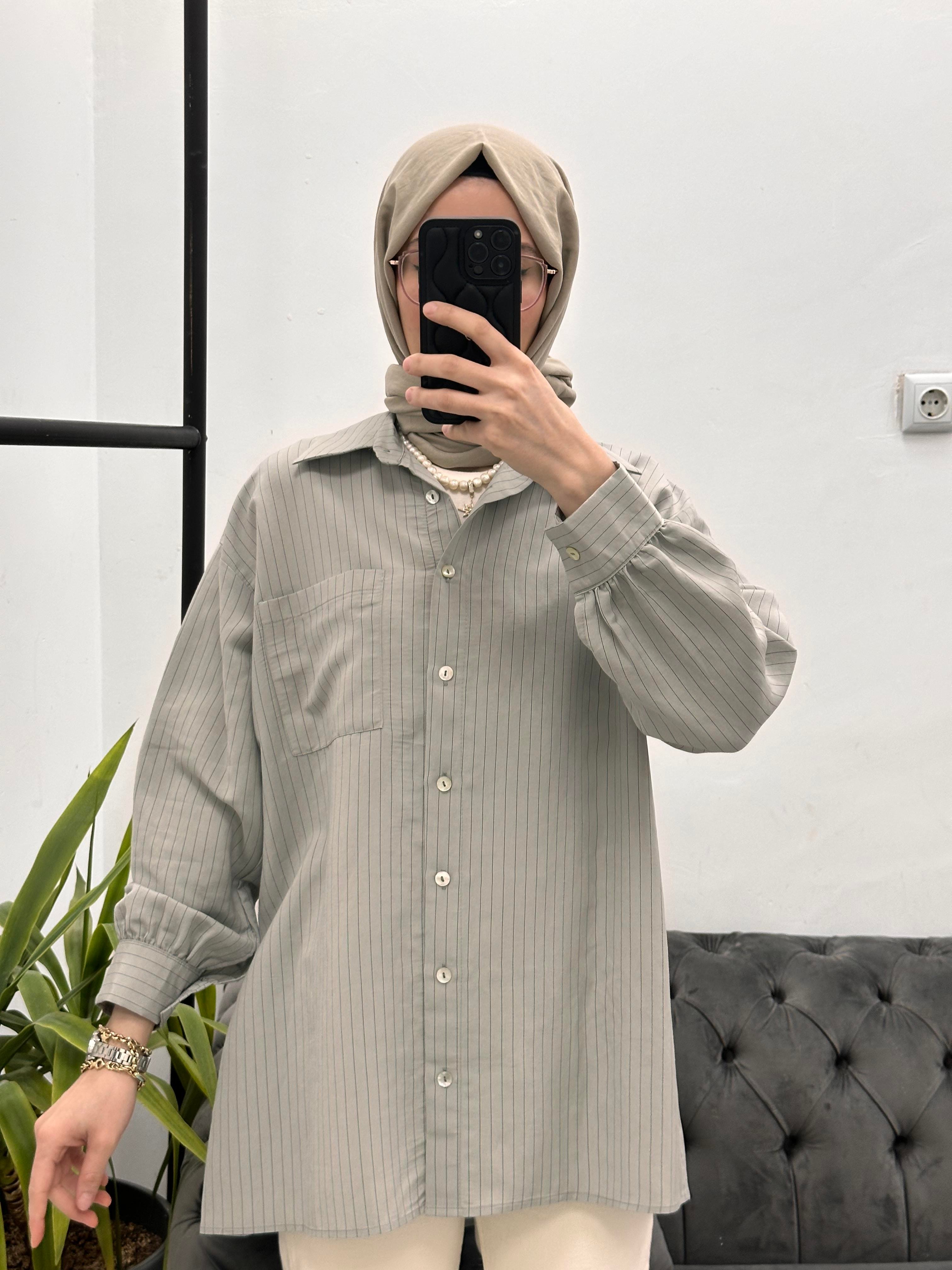 Çizgili Modal Gömlek Gri