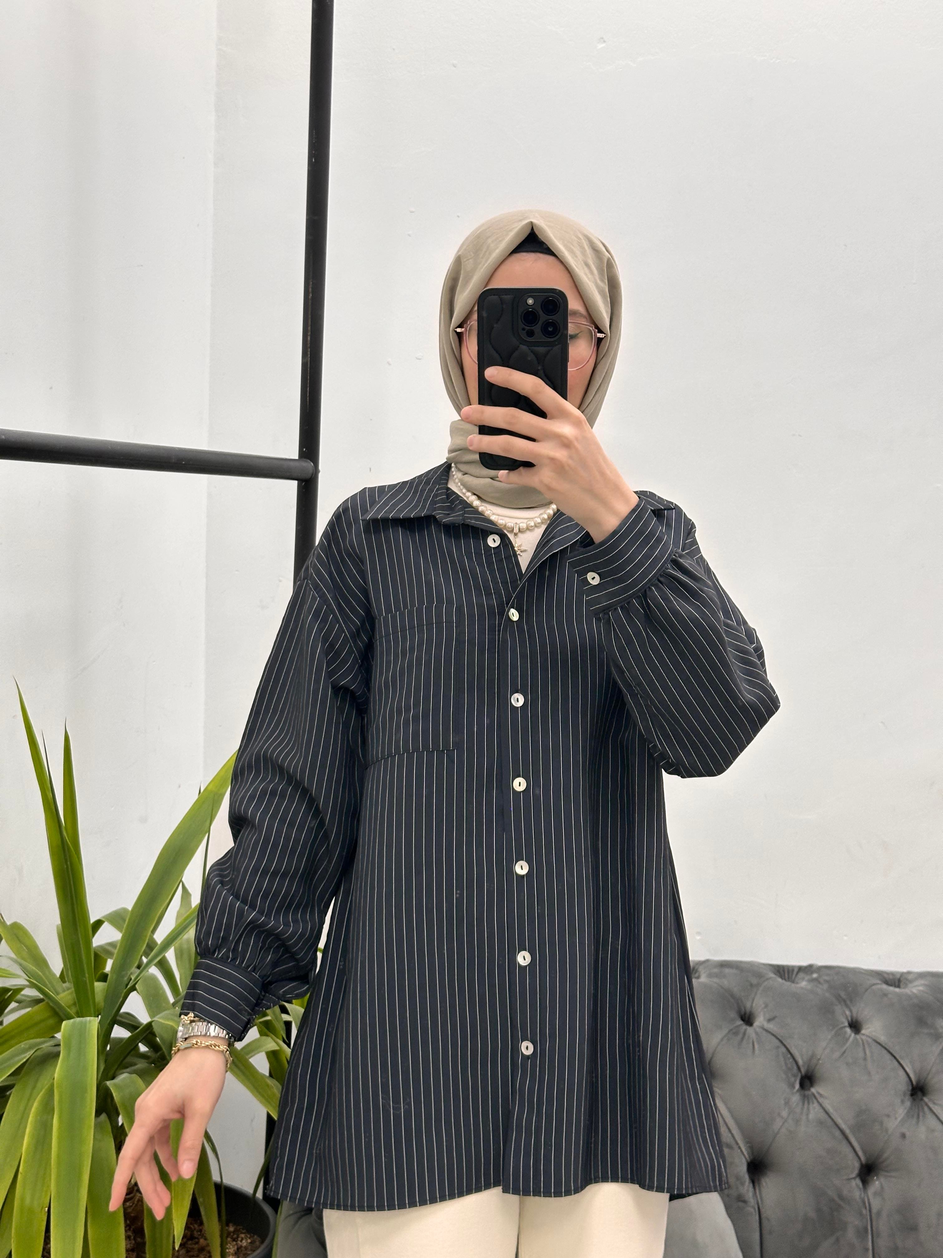 Çizgili Modal Gömlek Siyah