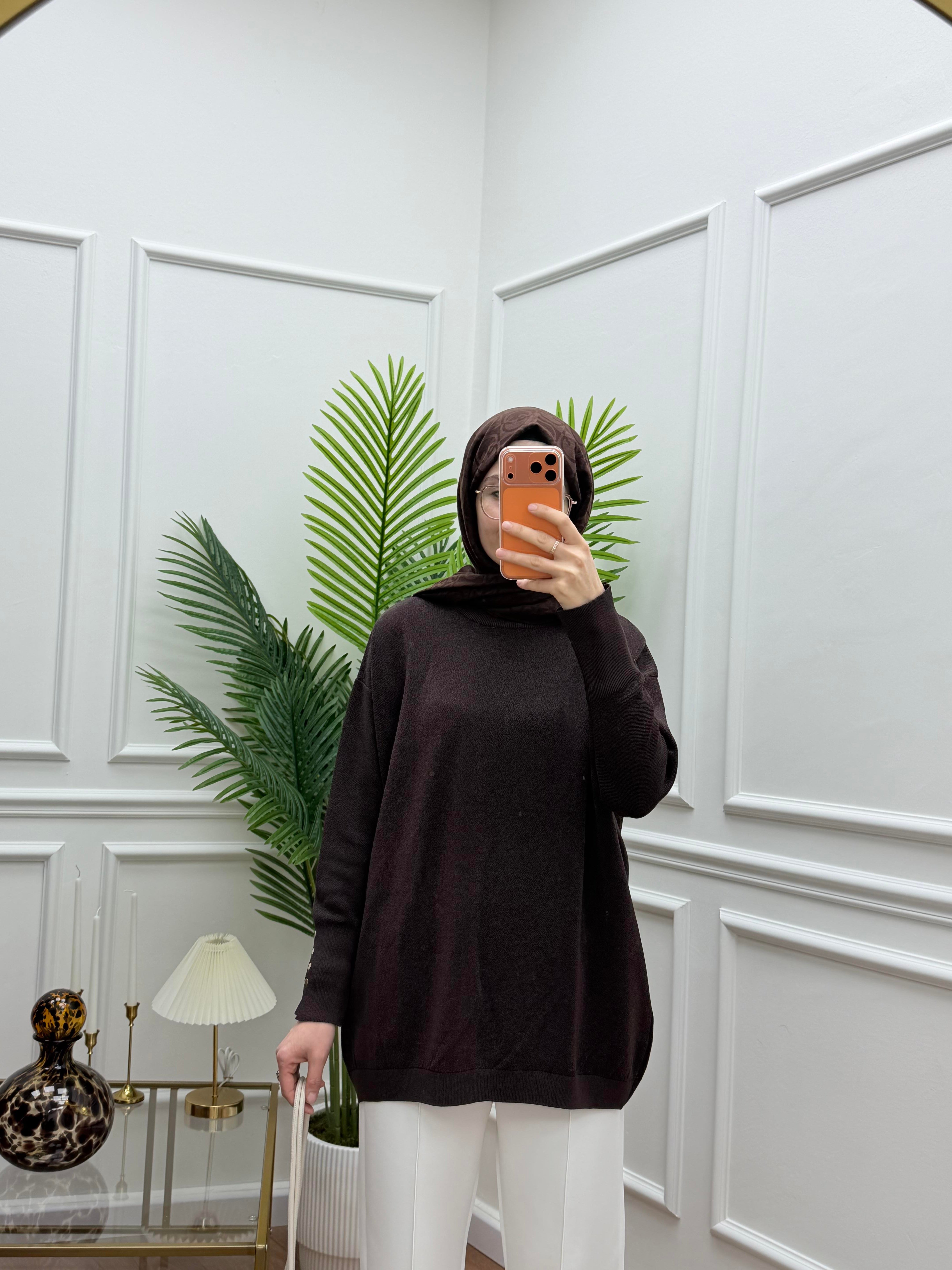 Düğmeli Triko Simli Kahve