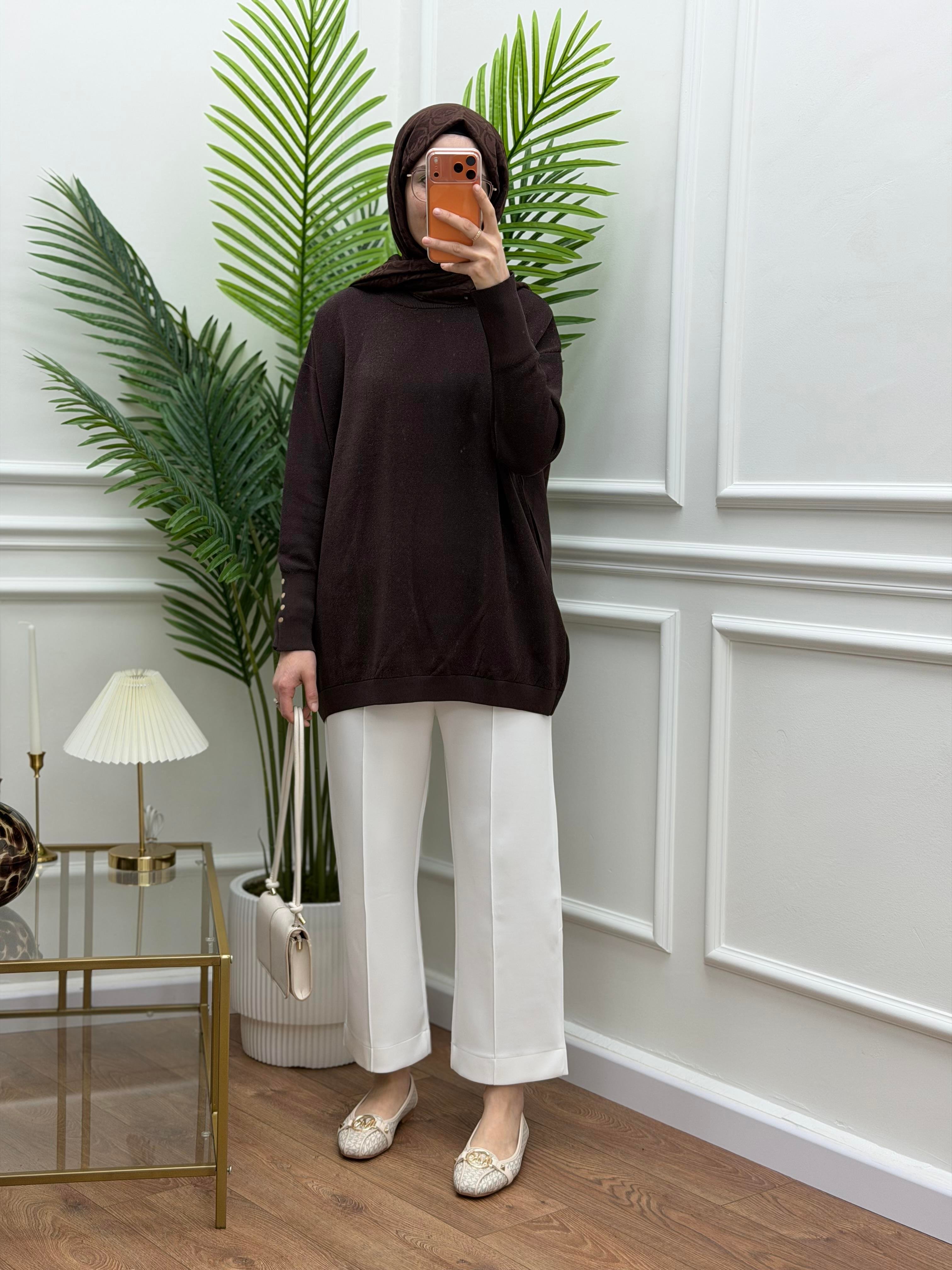 Düğmeli Triko Simli Kahve