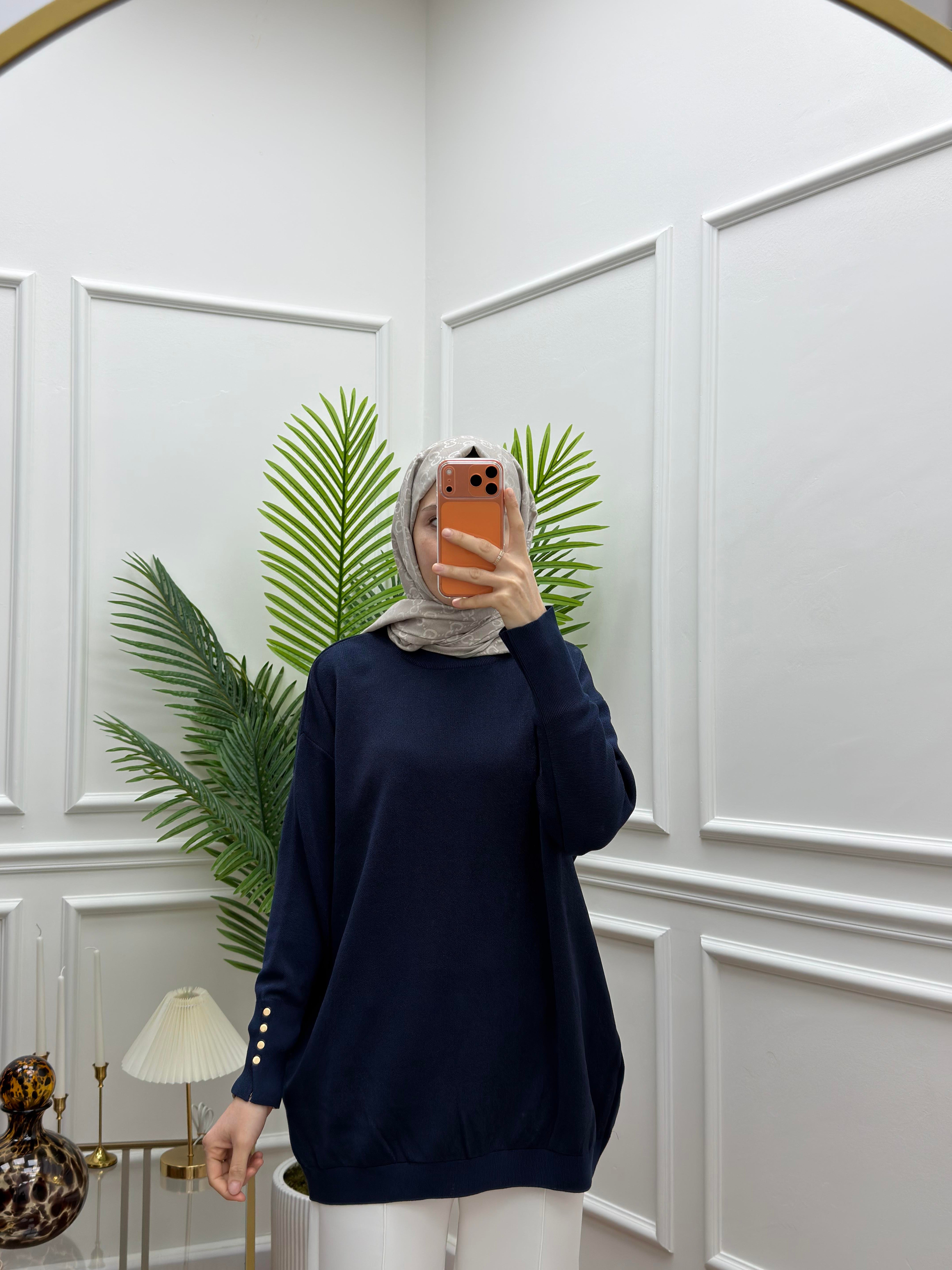 Düğmeli Triko Simli Lacivert