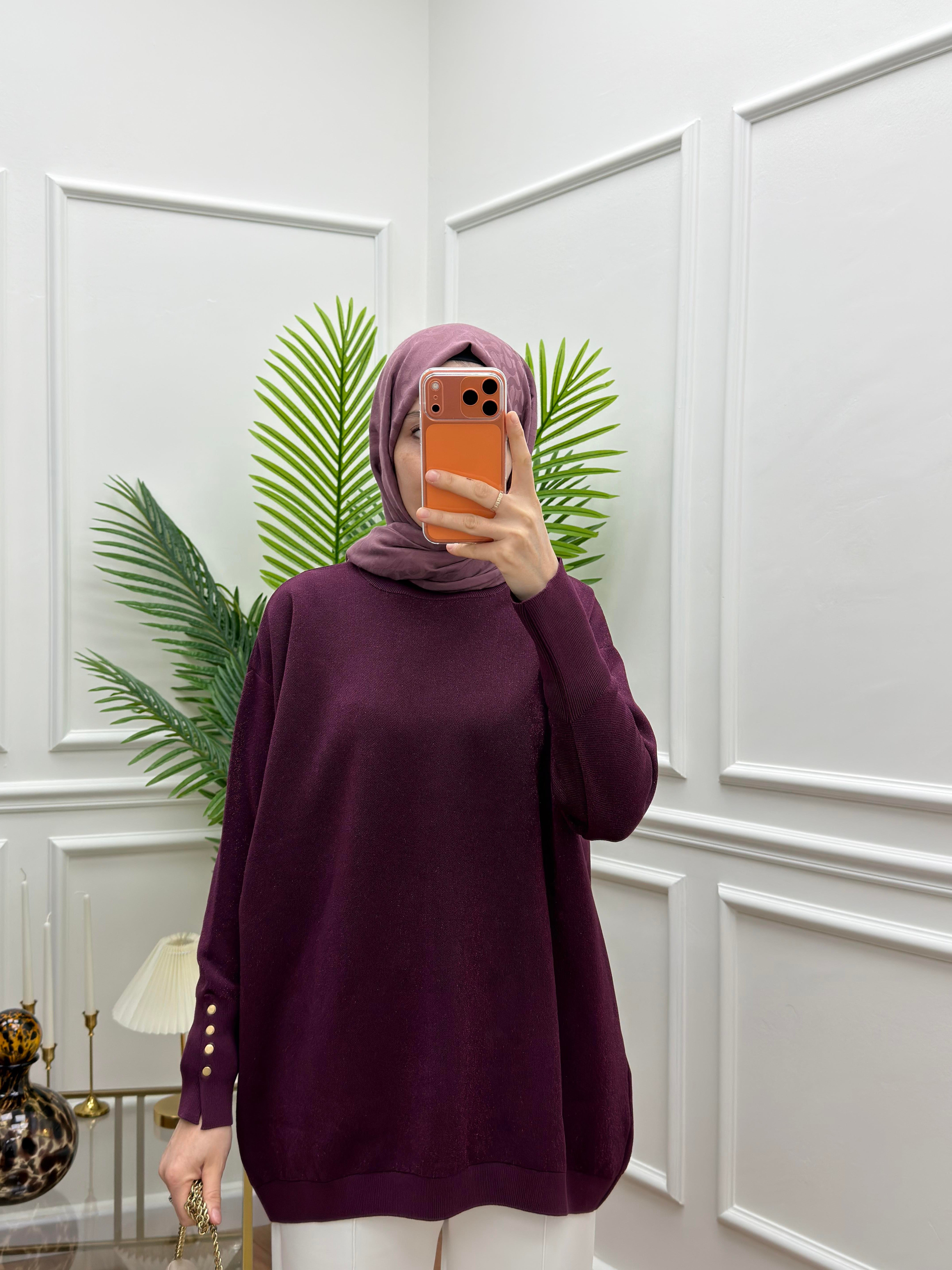 Düğmeli Triko Simli Mürdüm