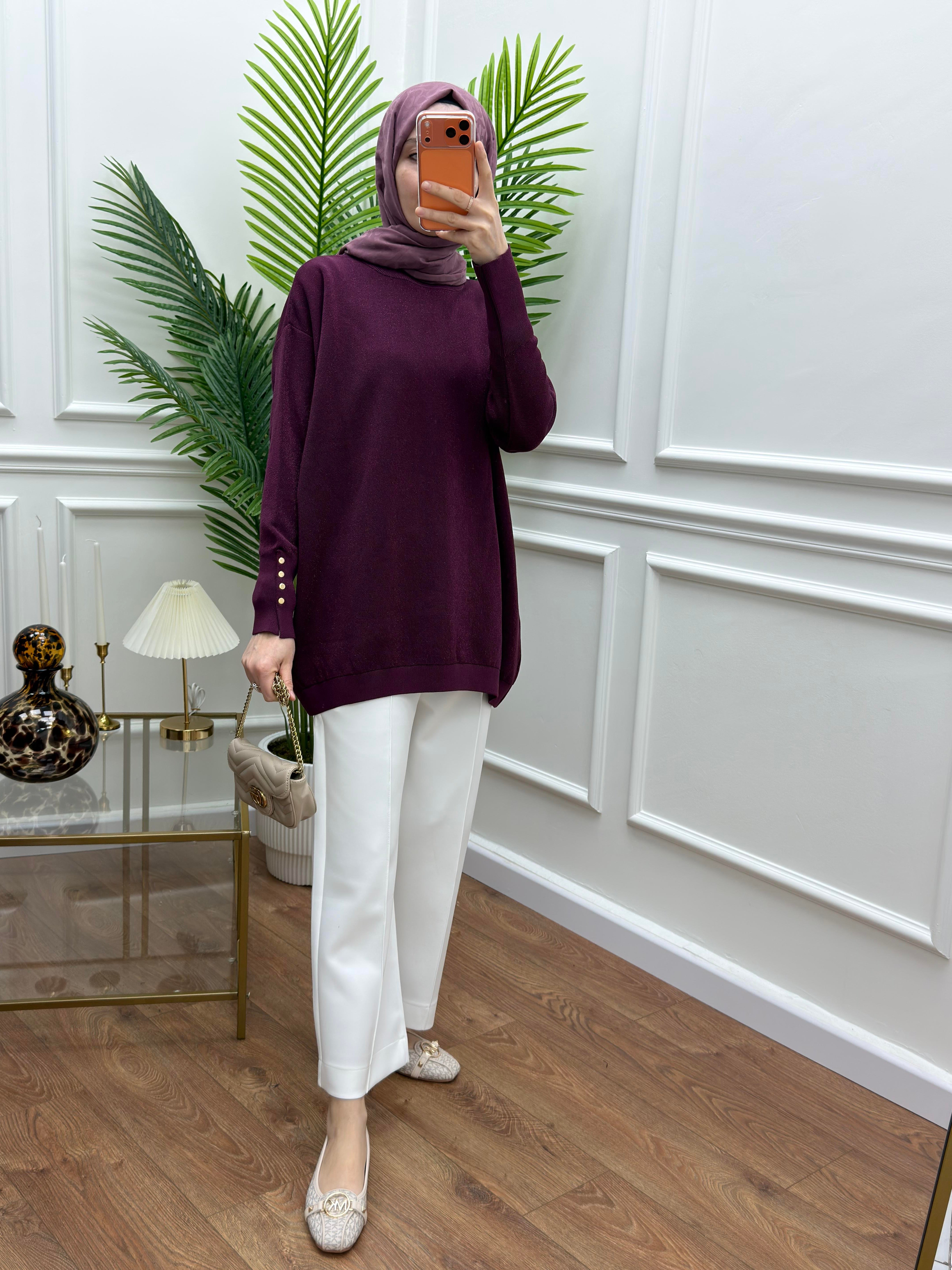 Düğmeli Triko Simli Mürdüm