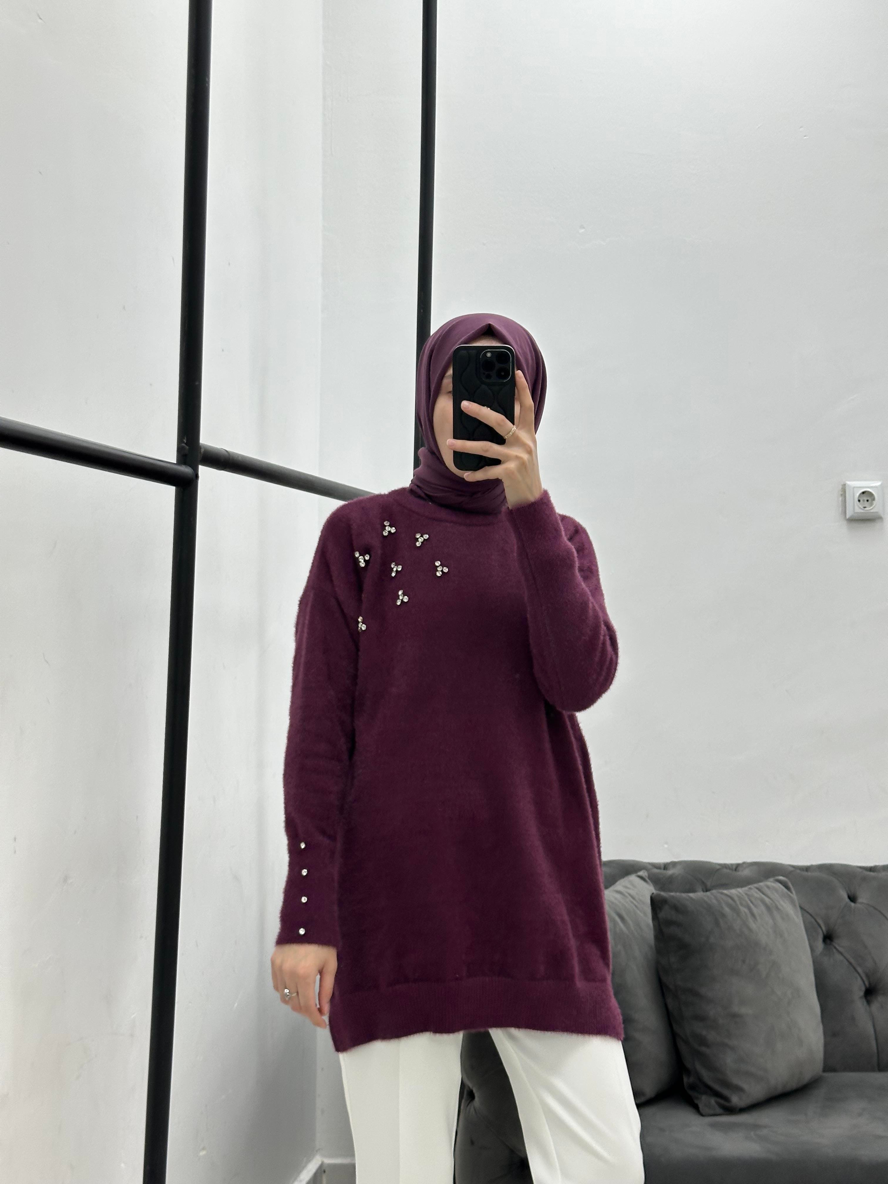 Taşlı Yumoş Triko Mürdüm