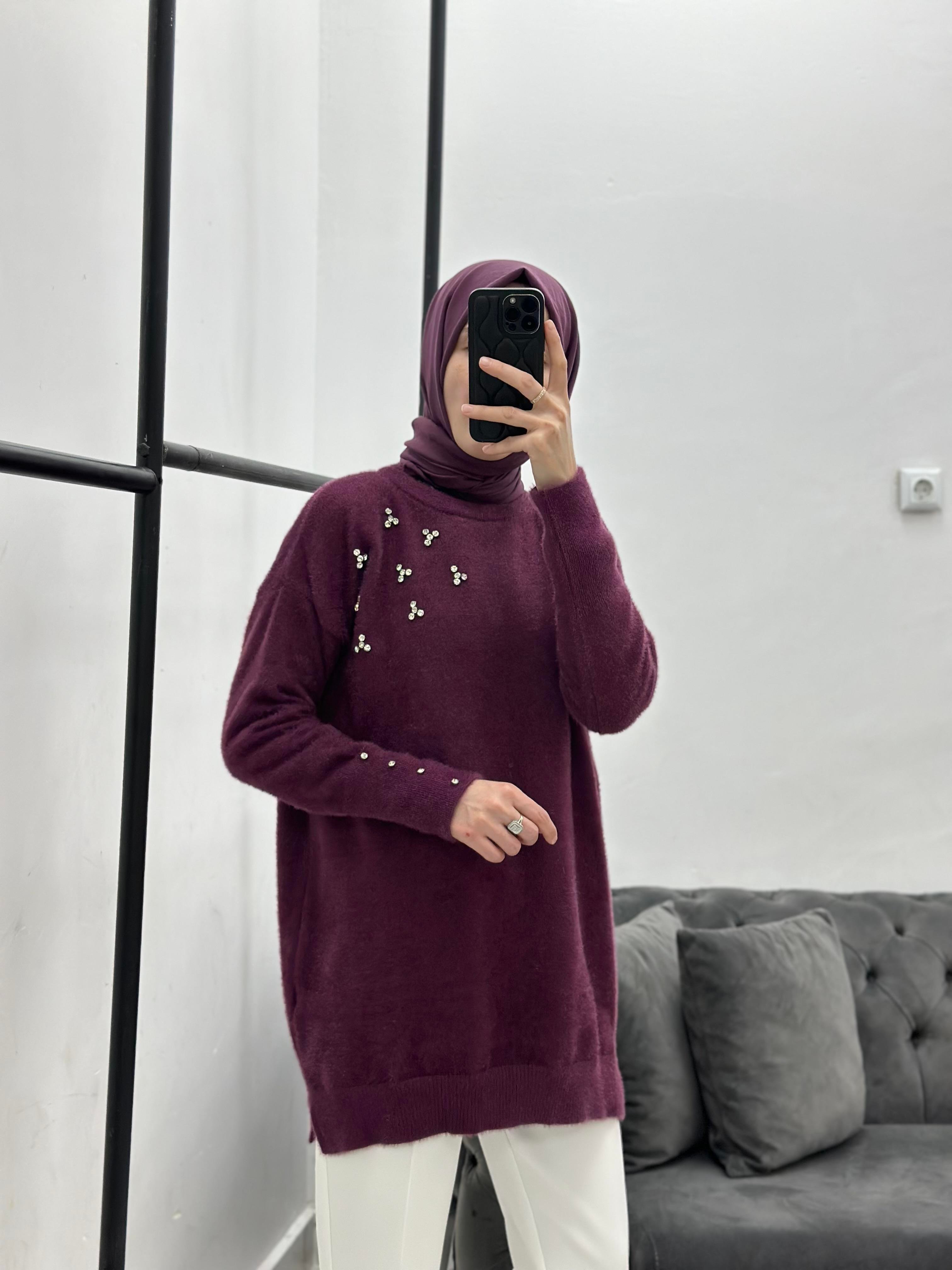 Taşlı Yumoş Triko Mürdüm