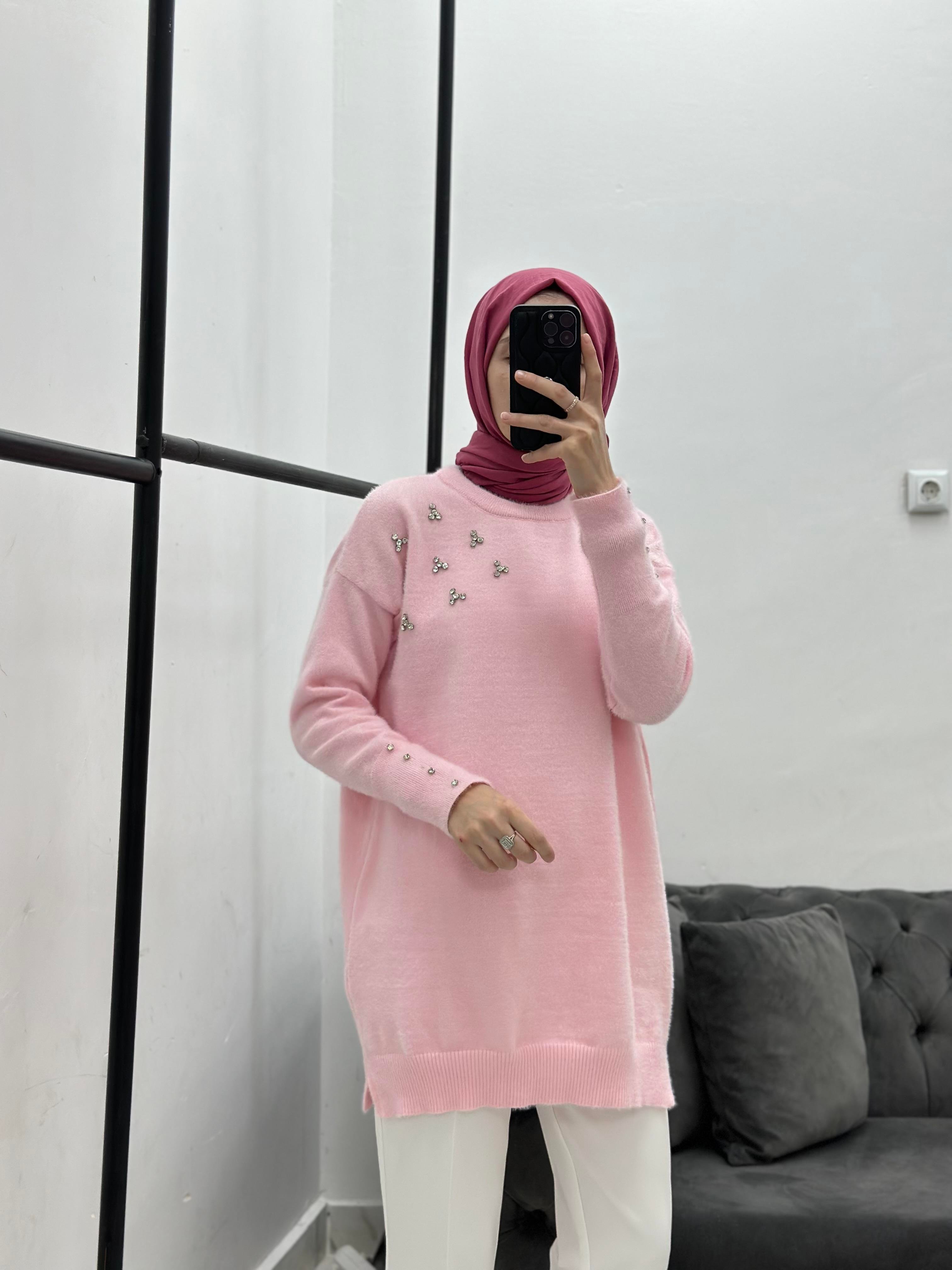 Taşlı Yumoş Triko Pembe