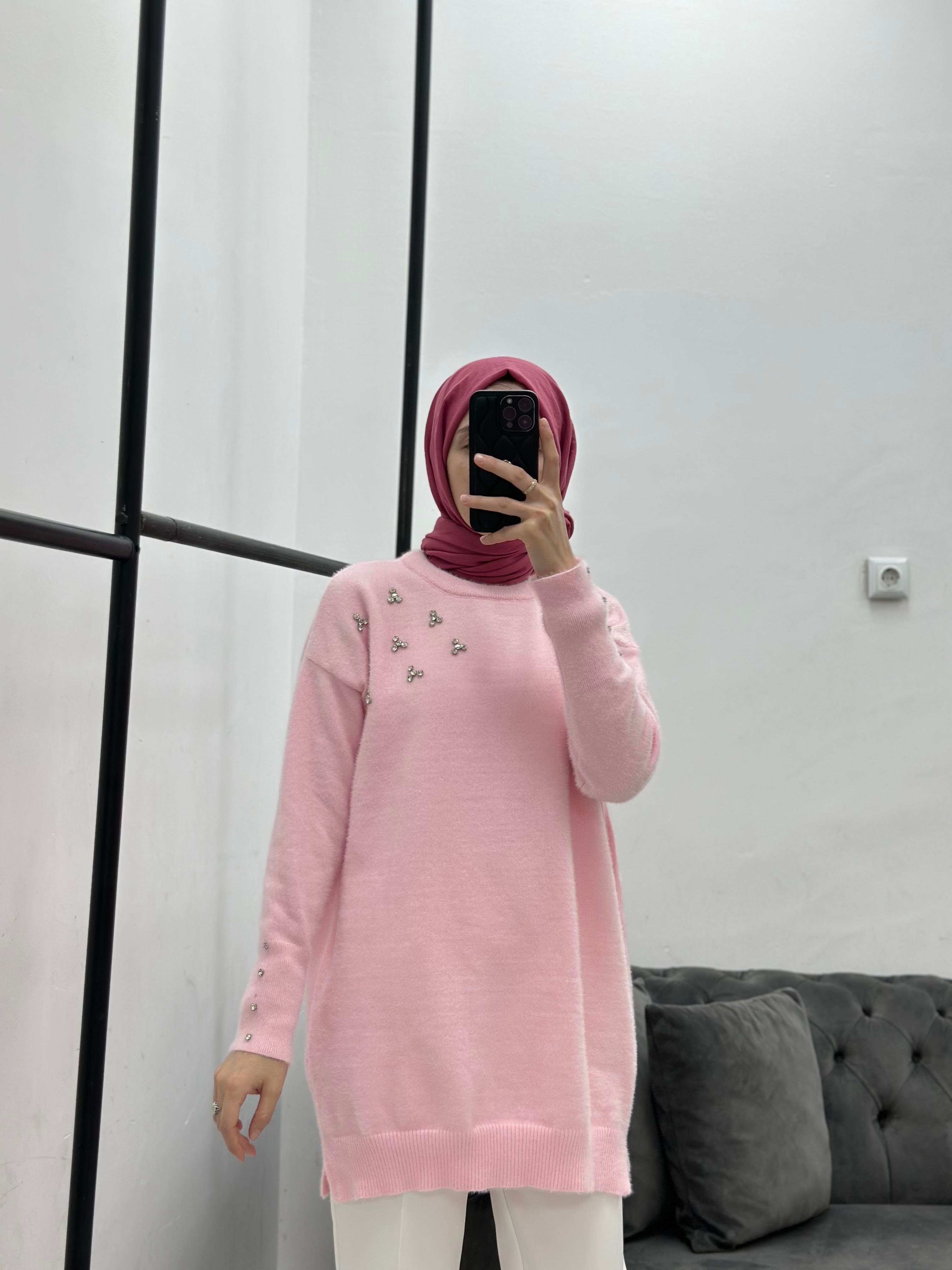 Taşlı Yumoş Triko Pembe
