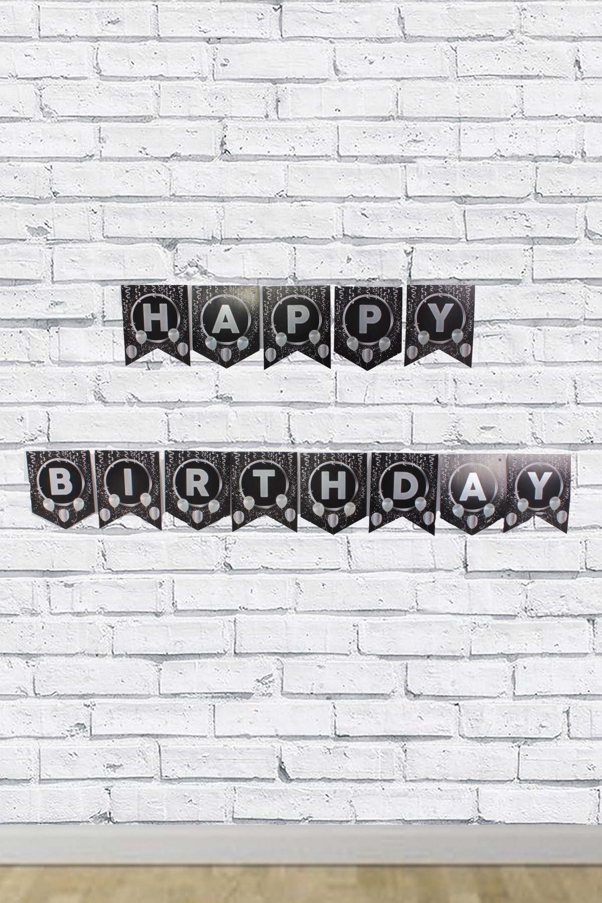 Happy Birthday Gümüş Yazılı Siyah Zigzag Banner 190cmPartistST1706