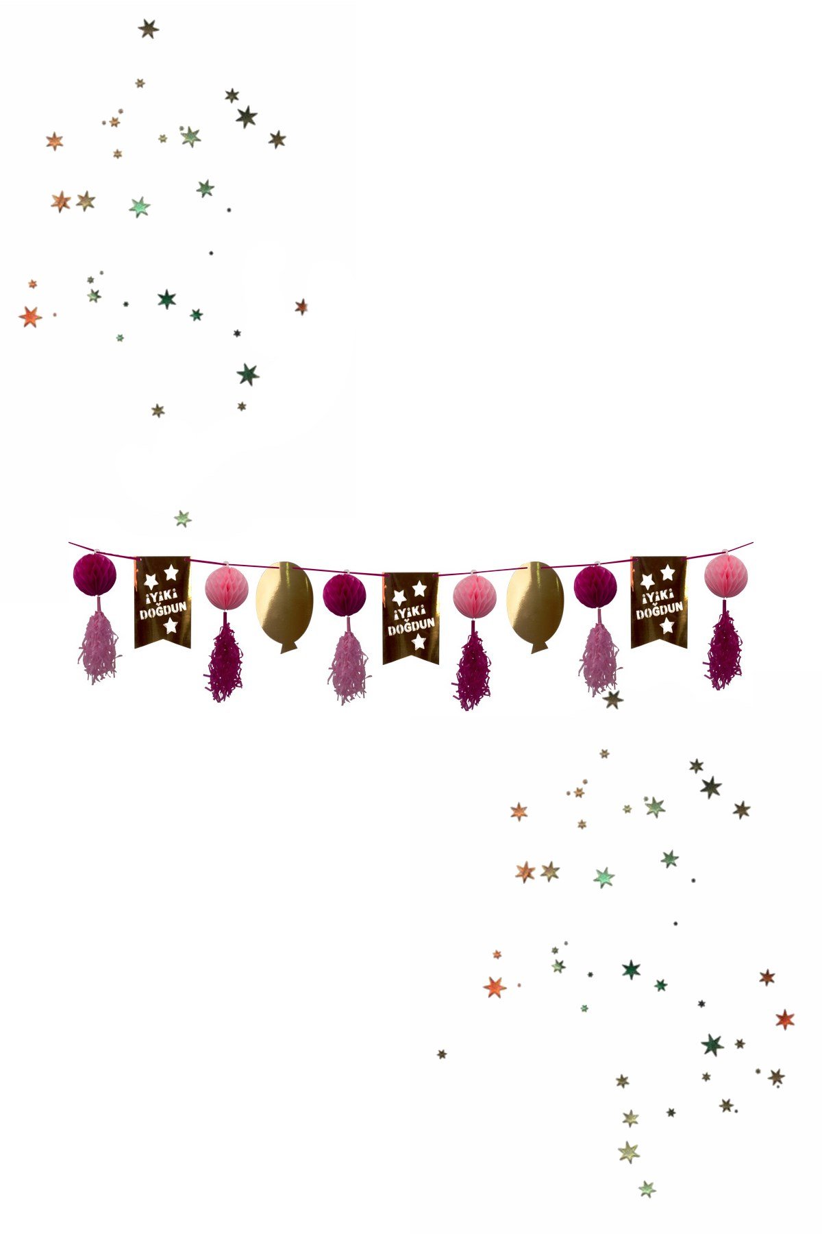 İyi Ki Doğdun Sıralı Banner Süs Metalize Püsküllü Pembe 12'liPartistST2065