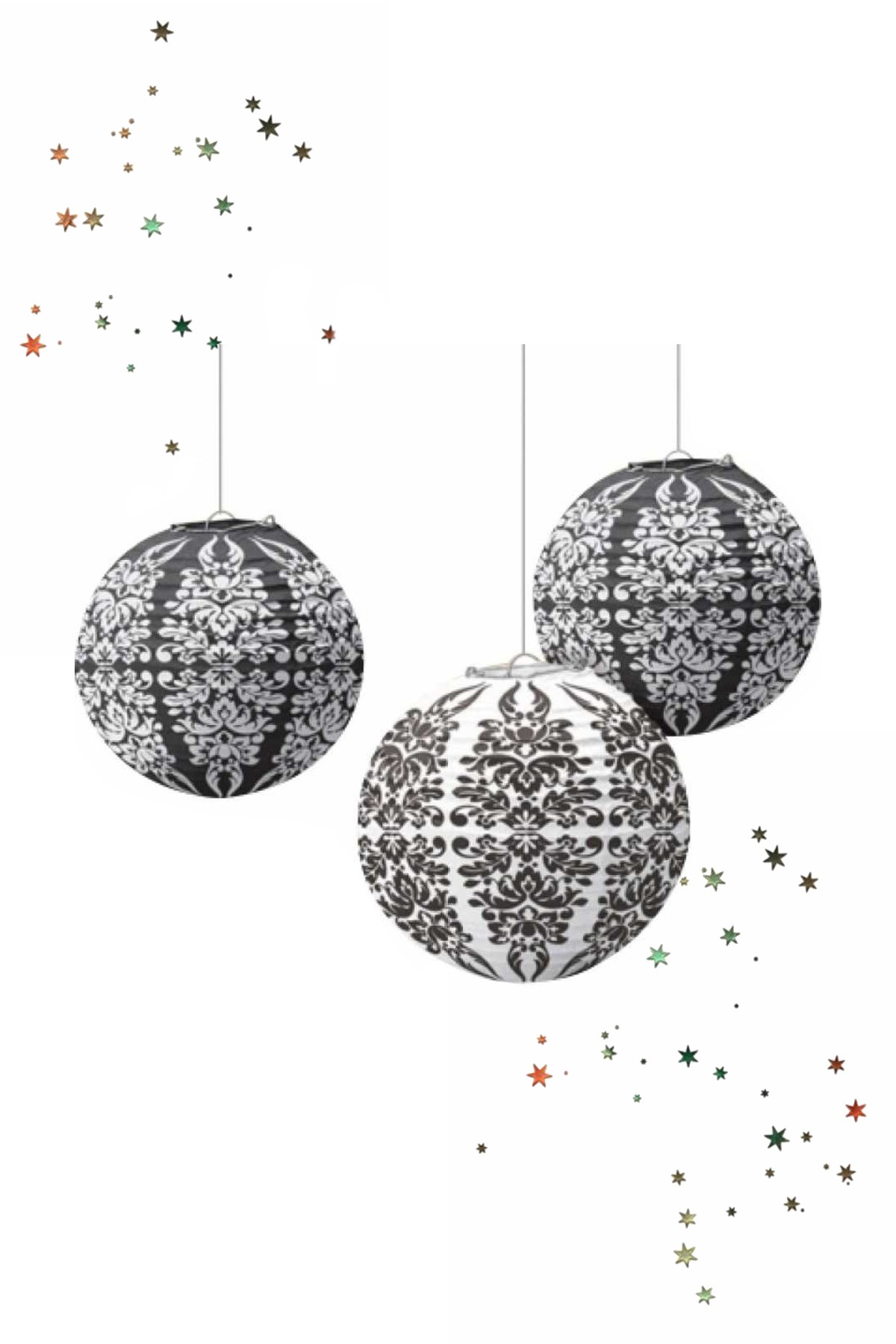 Japon Feneri Set Kağıt Siyah Beyaz Desenli 3'lü 24cmPartistST2038