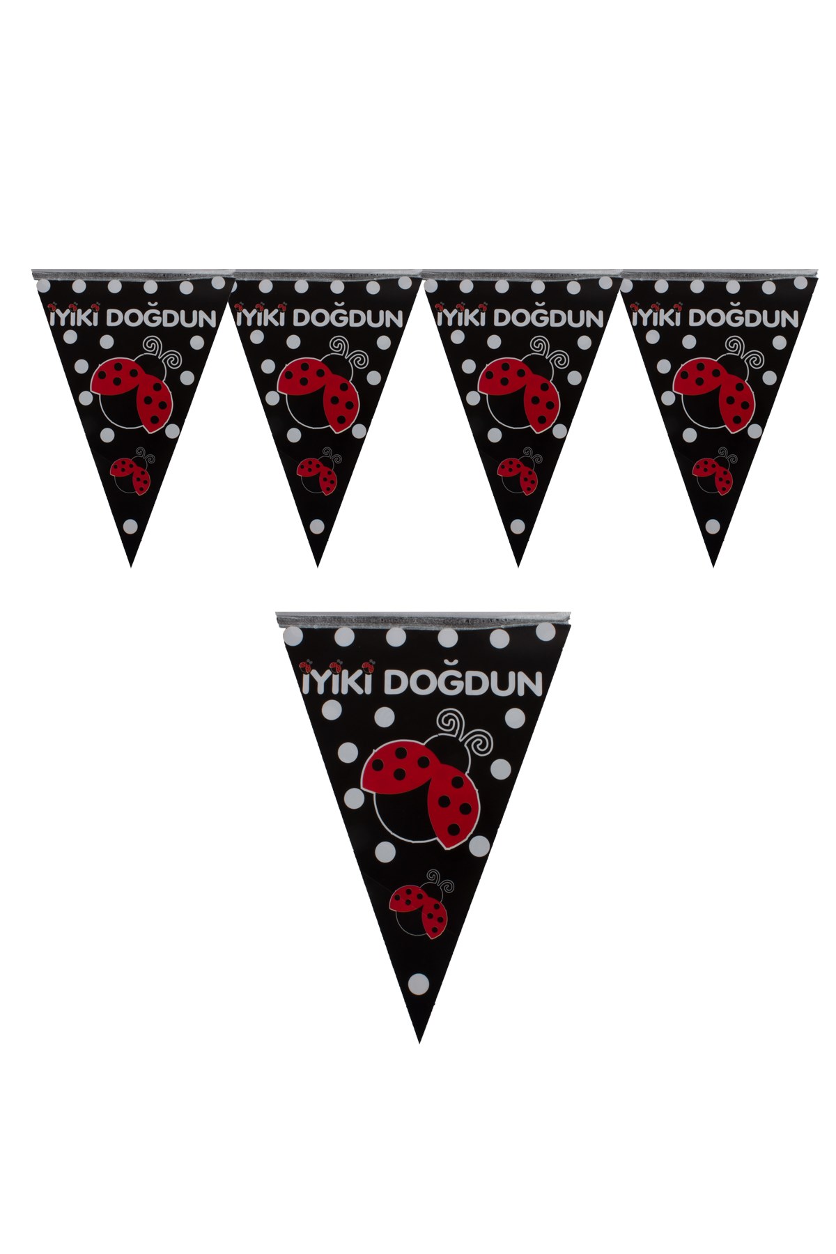 Uğur Böceği Temalı Beyaz Puanlı Siyah Üçgen Flama 200cmPartistST1844