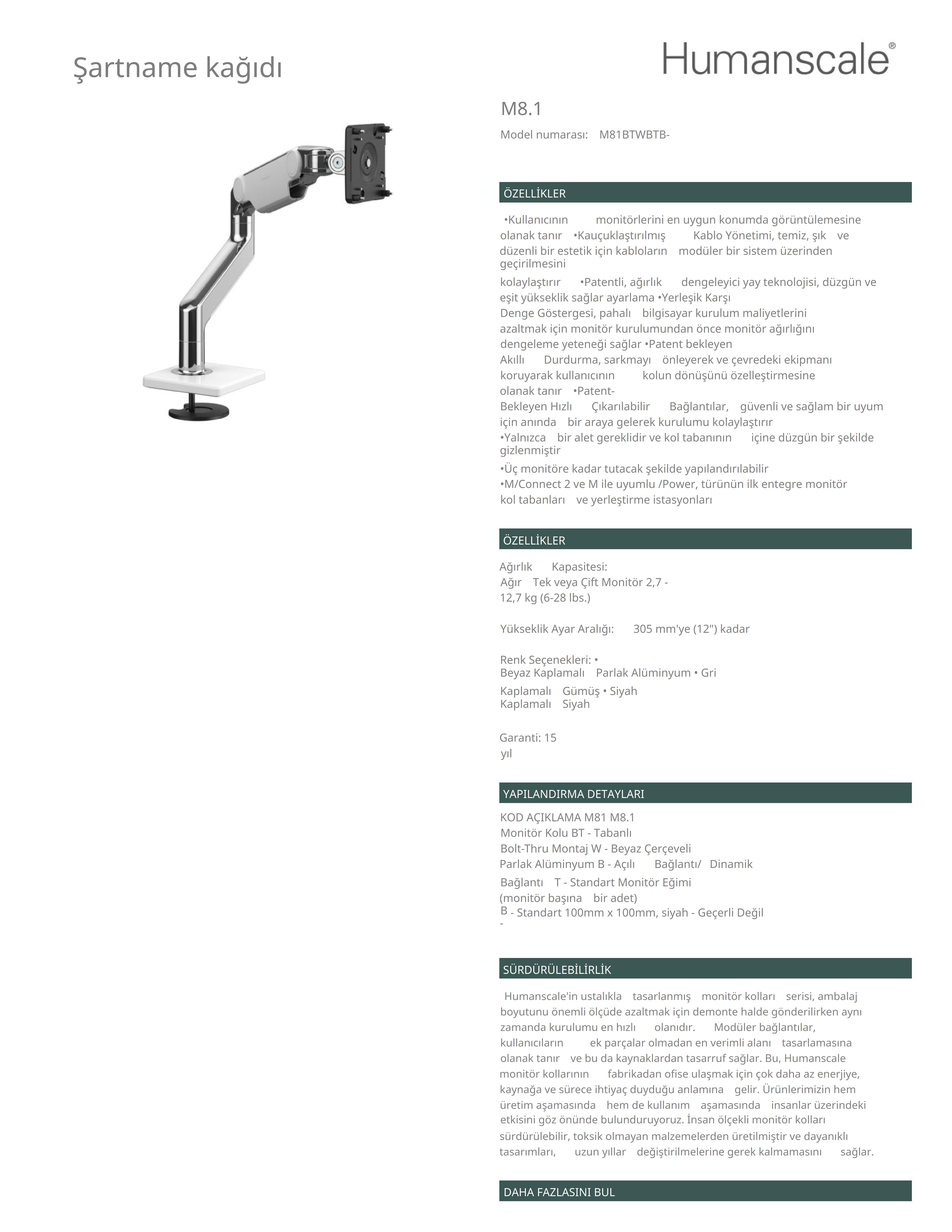 M8.1 Gümüş + Beyaz Monitör Taşıyıcı
