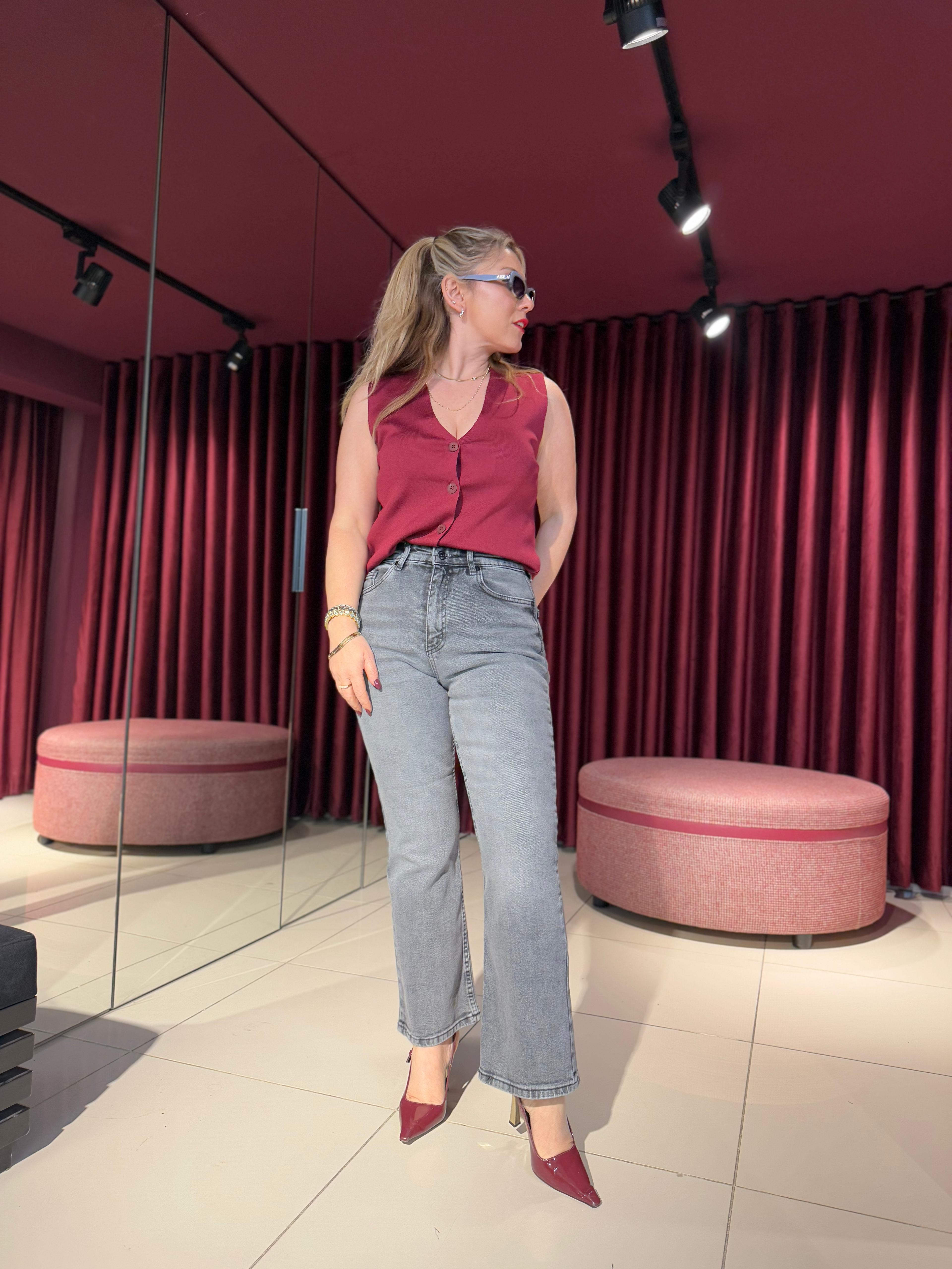 Jean08 ZR Cropped Flare Yüksek Bel Jean Gri