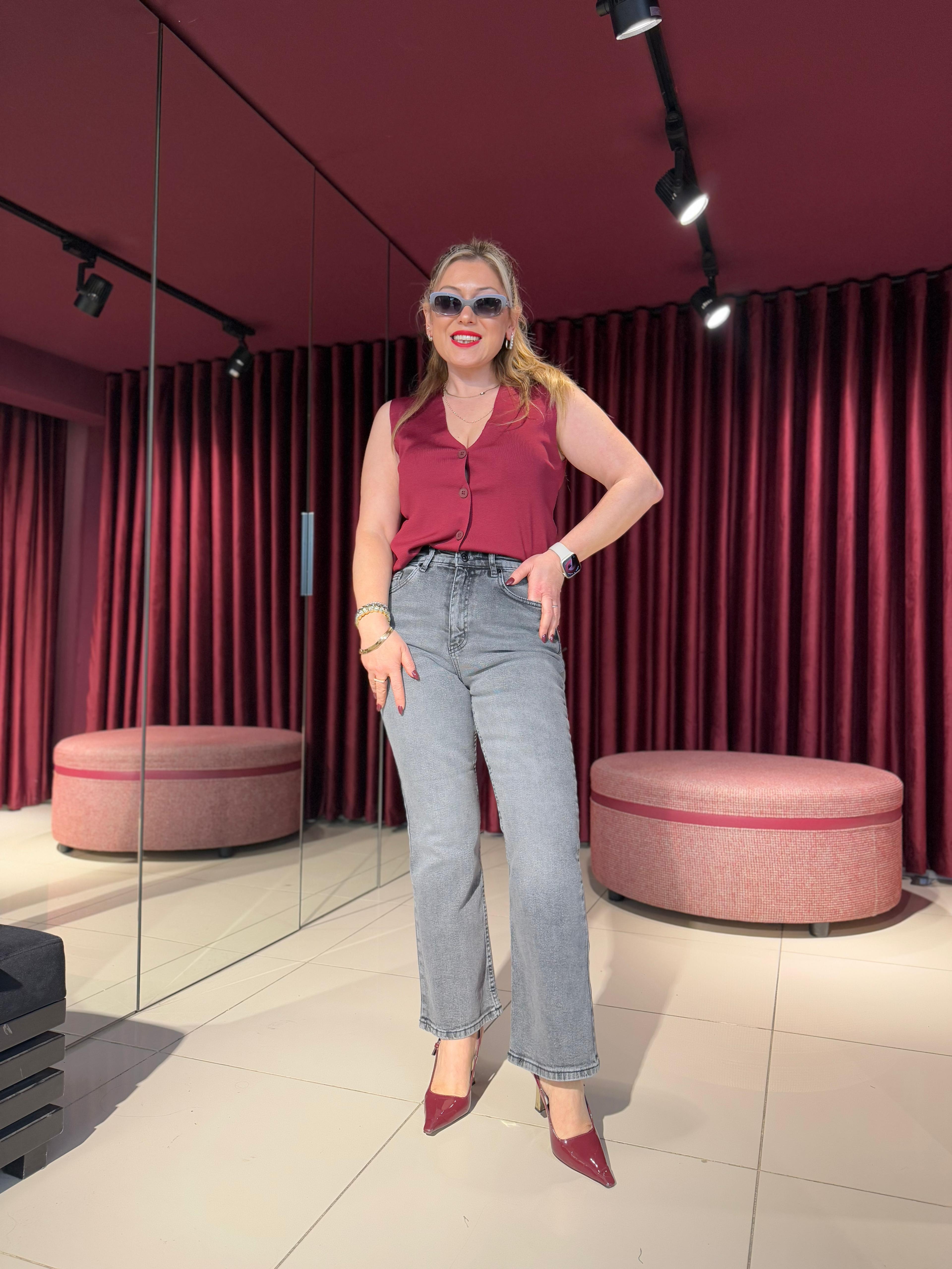Jean08 ZR Cropped Flare Yüksek Bel Jean Gri