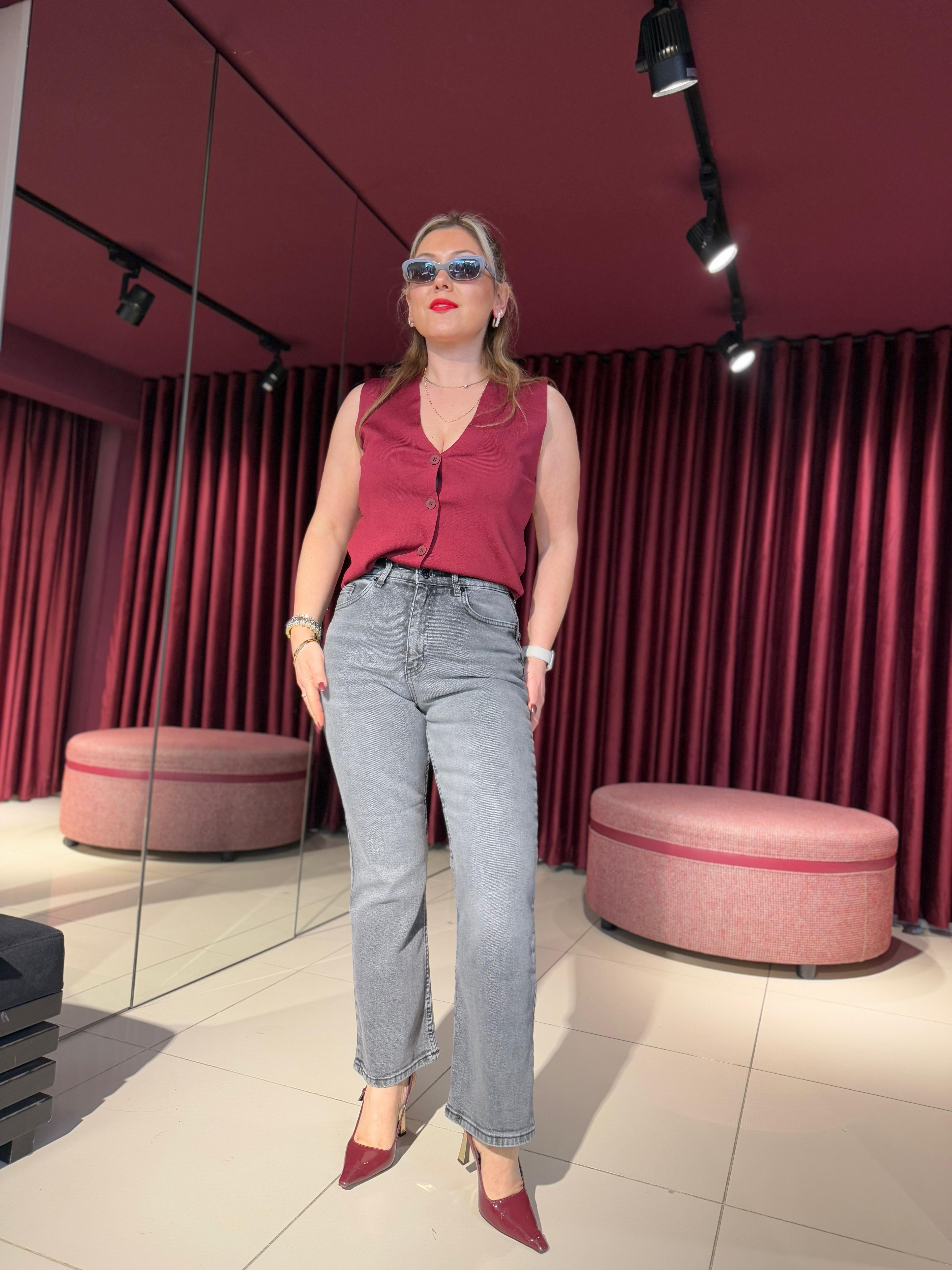 Jean08 ZR Cropped Flare Yüksek Bel Jean Gri