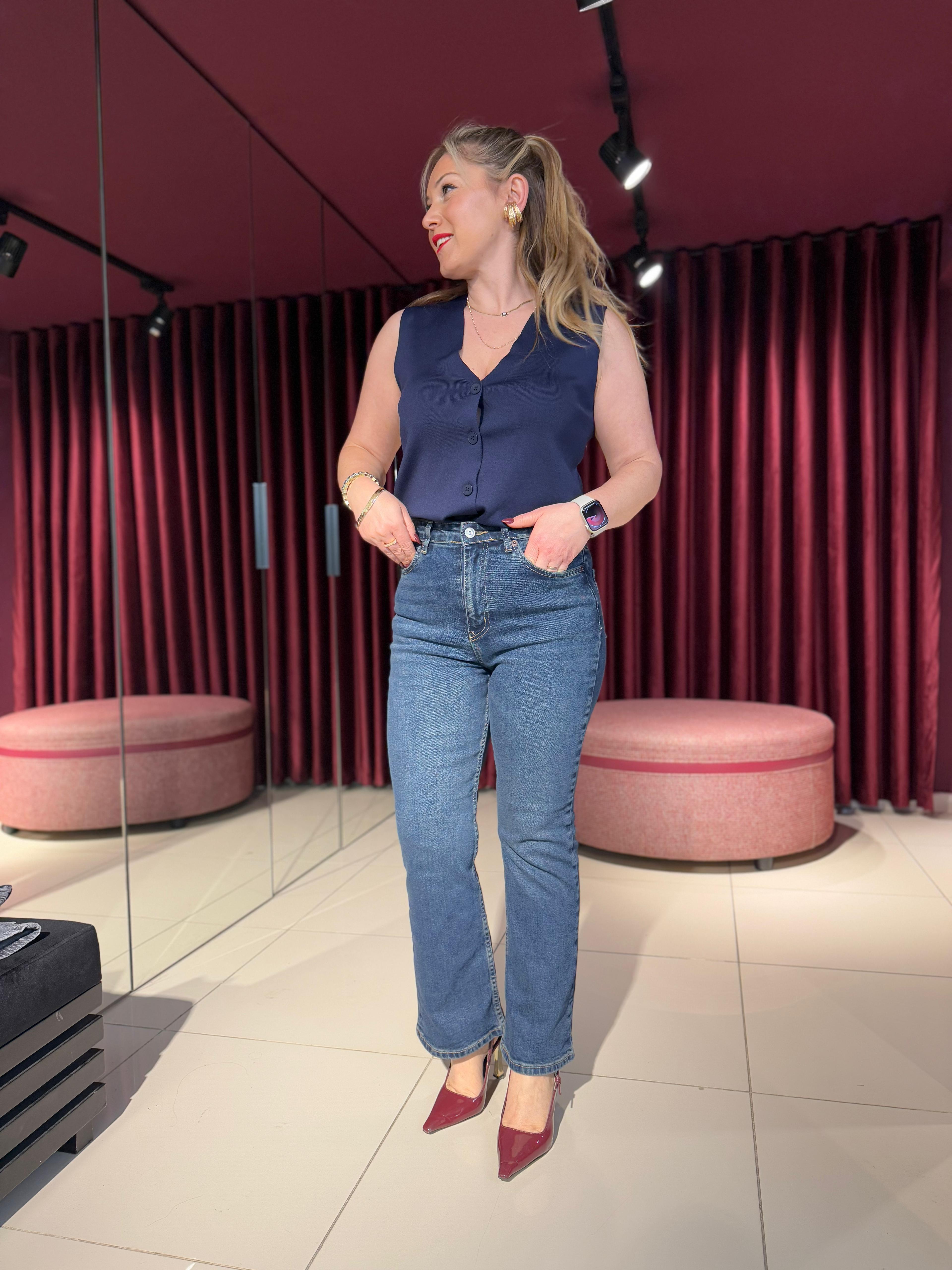 Jean08 ZR Cropped Flare Yüksek Bel Jean Lacivert