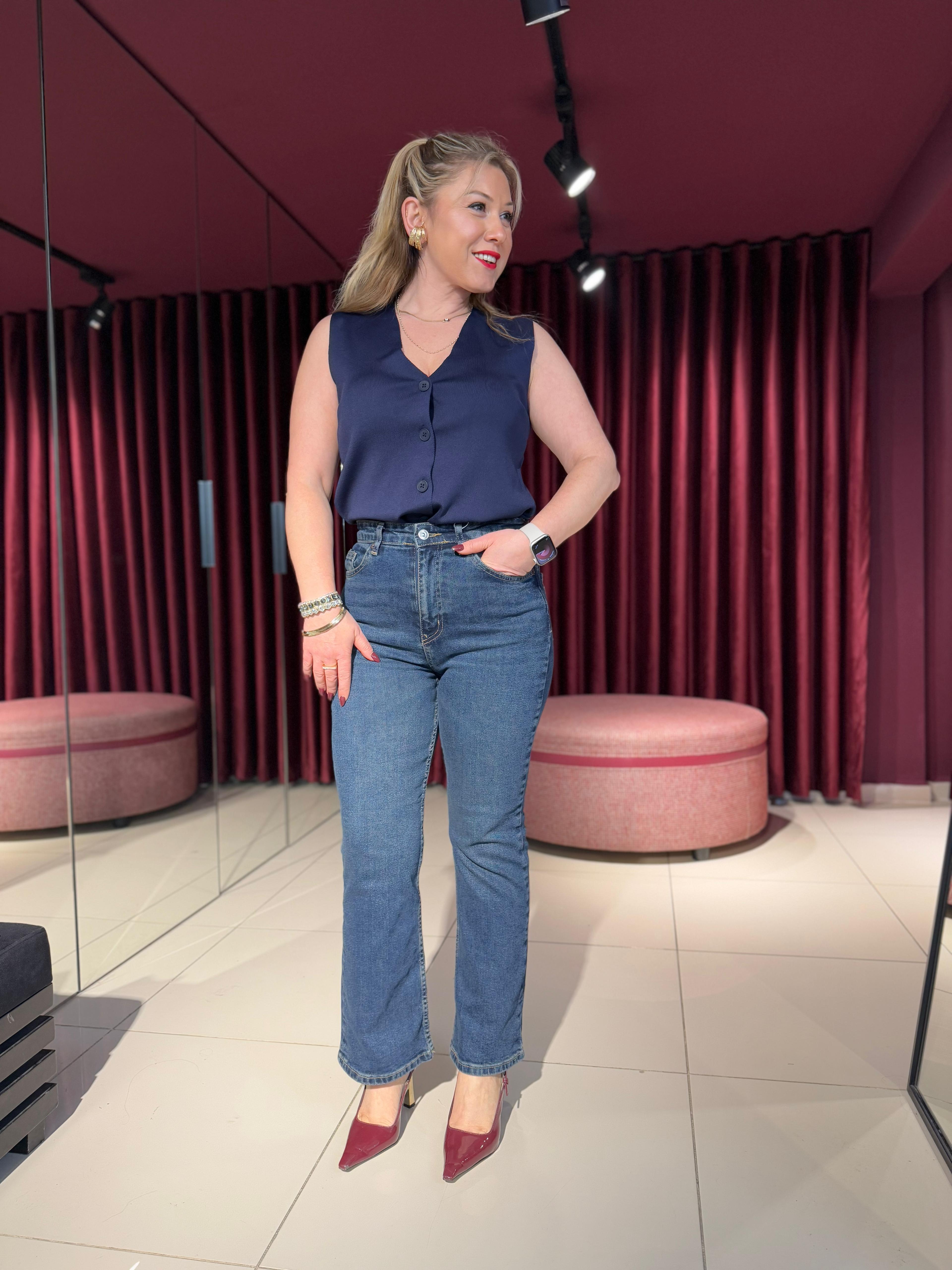 Jean08 ZR Cropped Flare Yüksek Bel Jean Lacivert