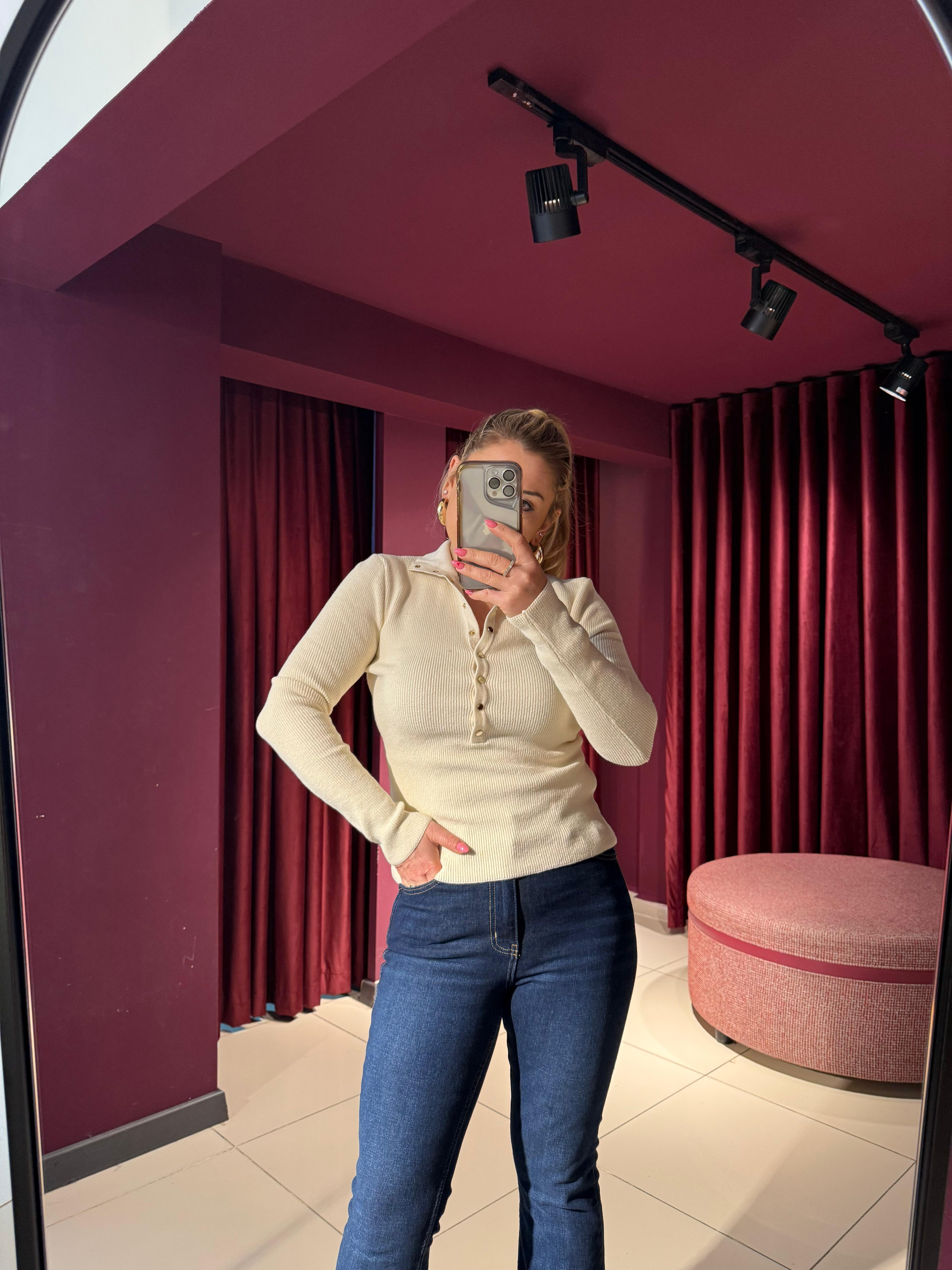 Bluz10686 Dik Yaka Çıtçıtlı Triko Bluz Ekru