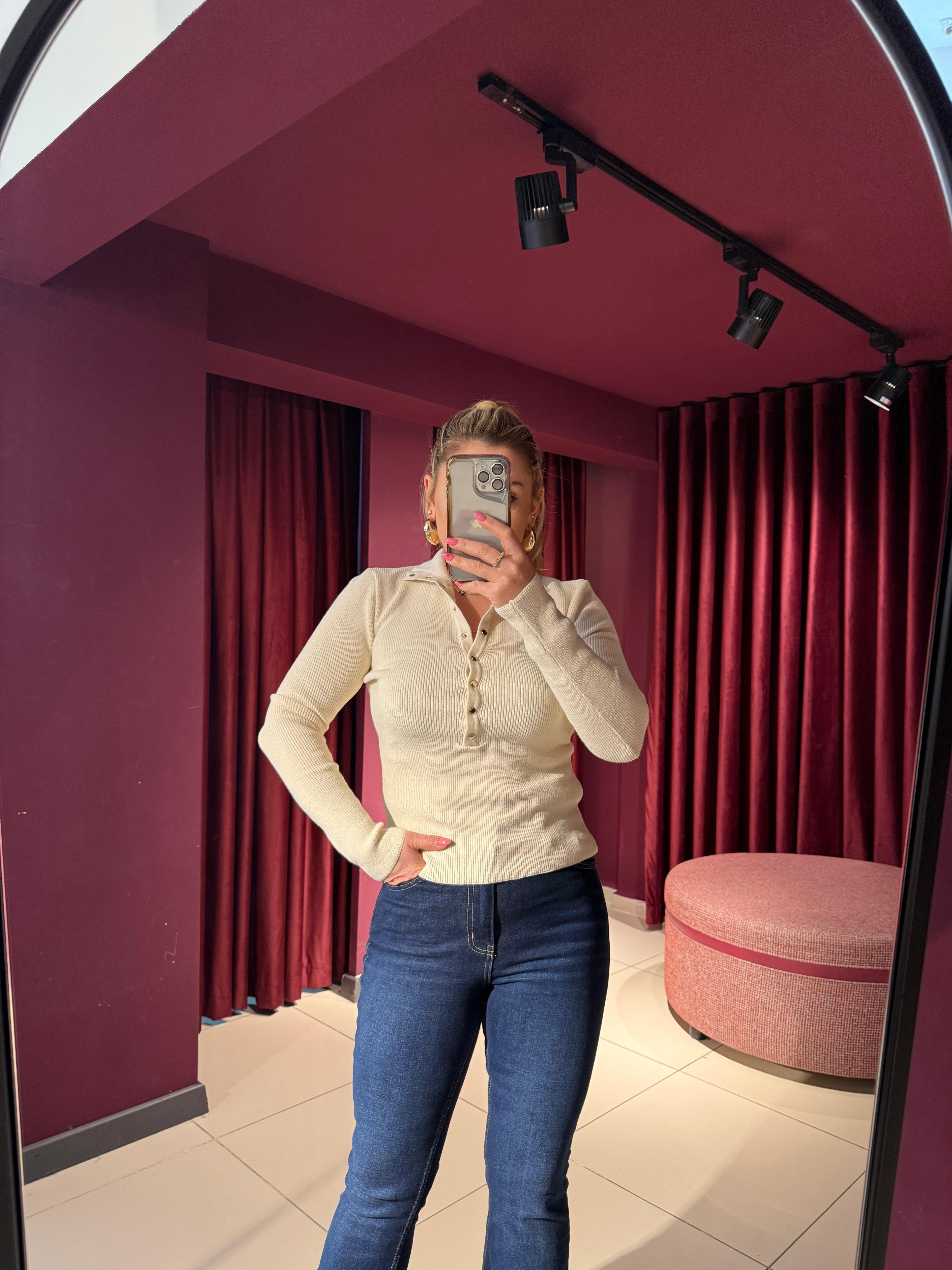 Bluz10686 Dik Yaka Çıtçıtlı Triko Bluz Ekru