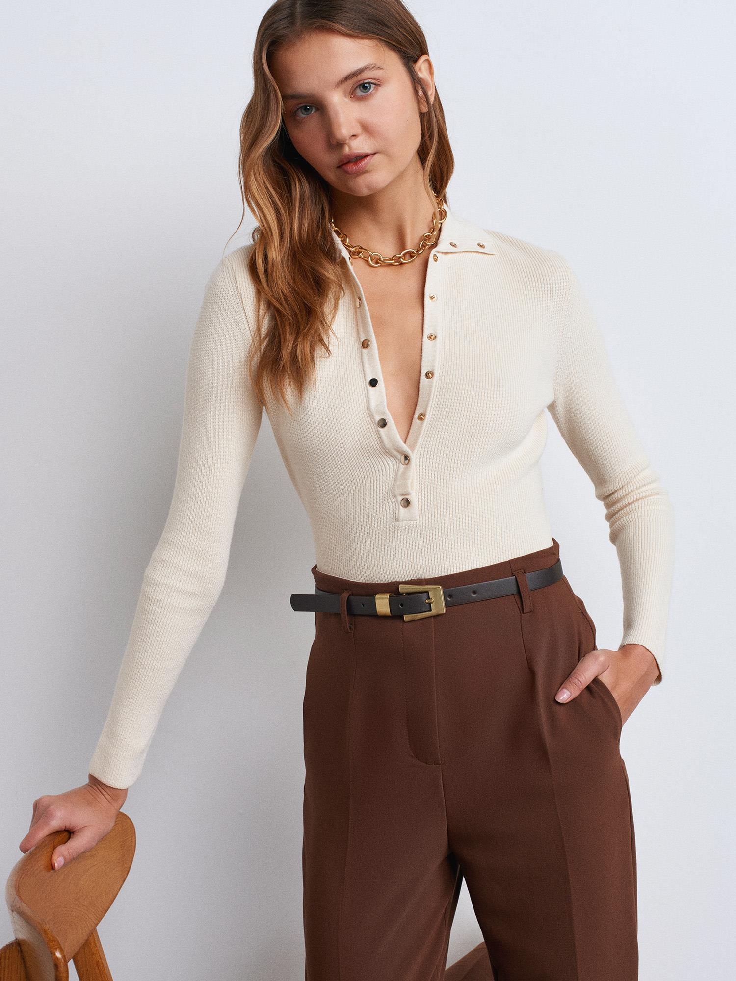Bluz10686 Dik Yaka Çıtçıtlı Triko Bluz Ekru