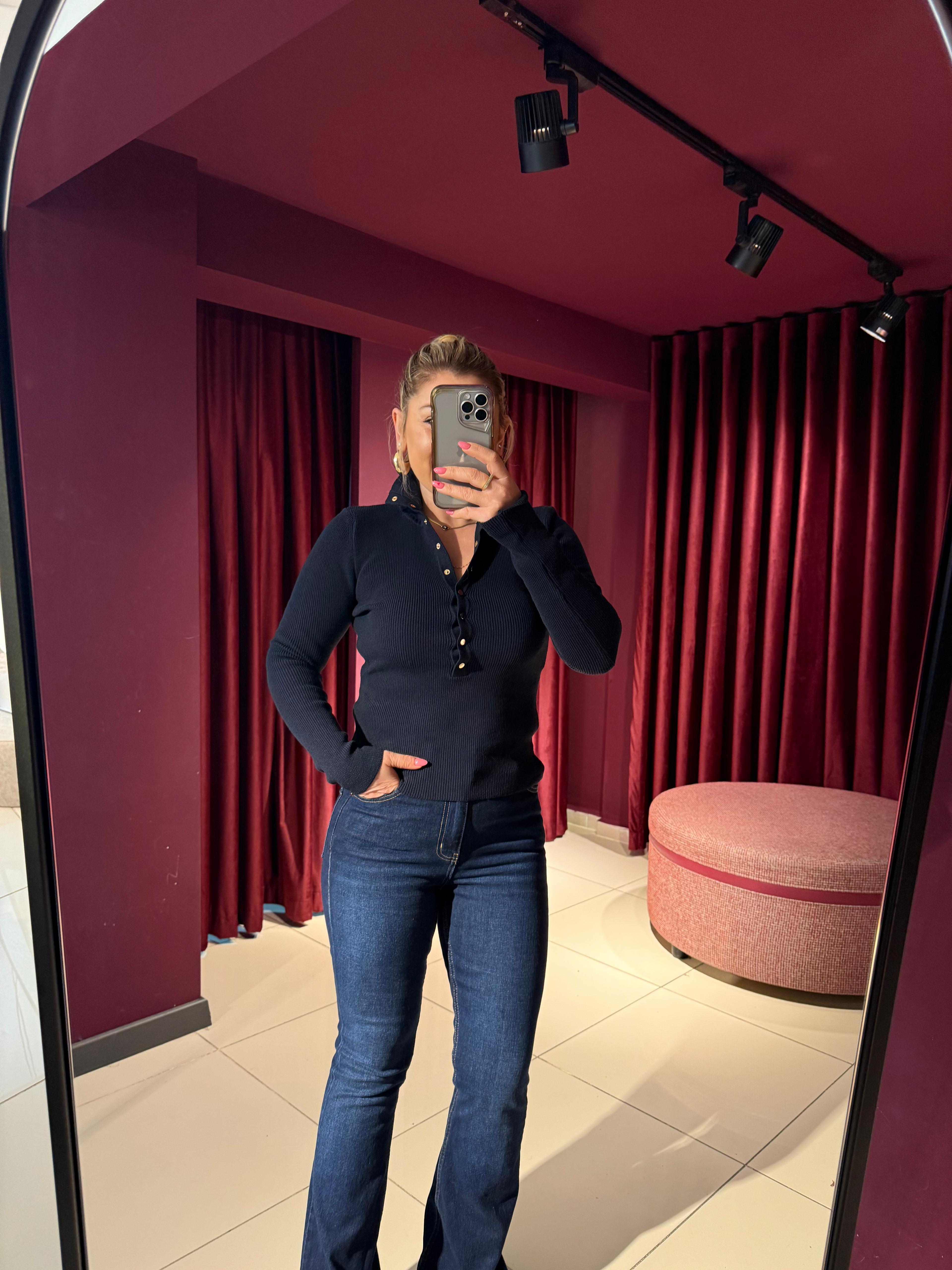 Bluz10686 Dik Yaka Çıtçıtlı Triko Bluz Lacivert