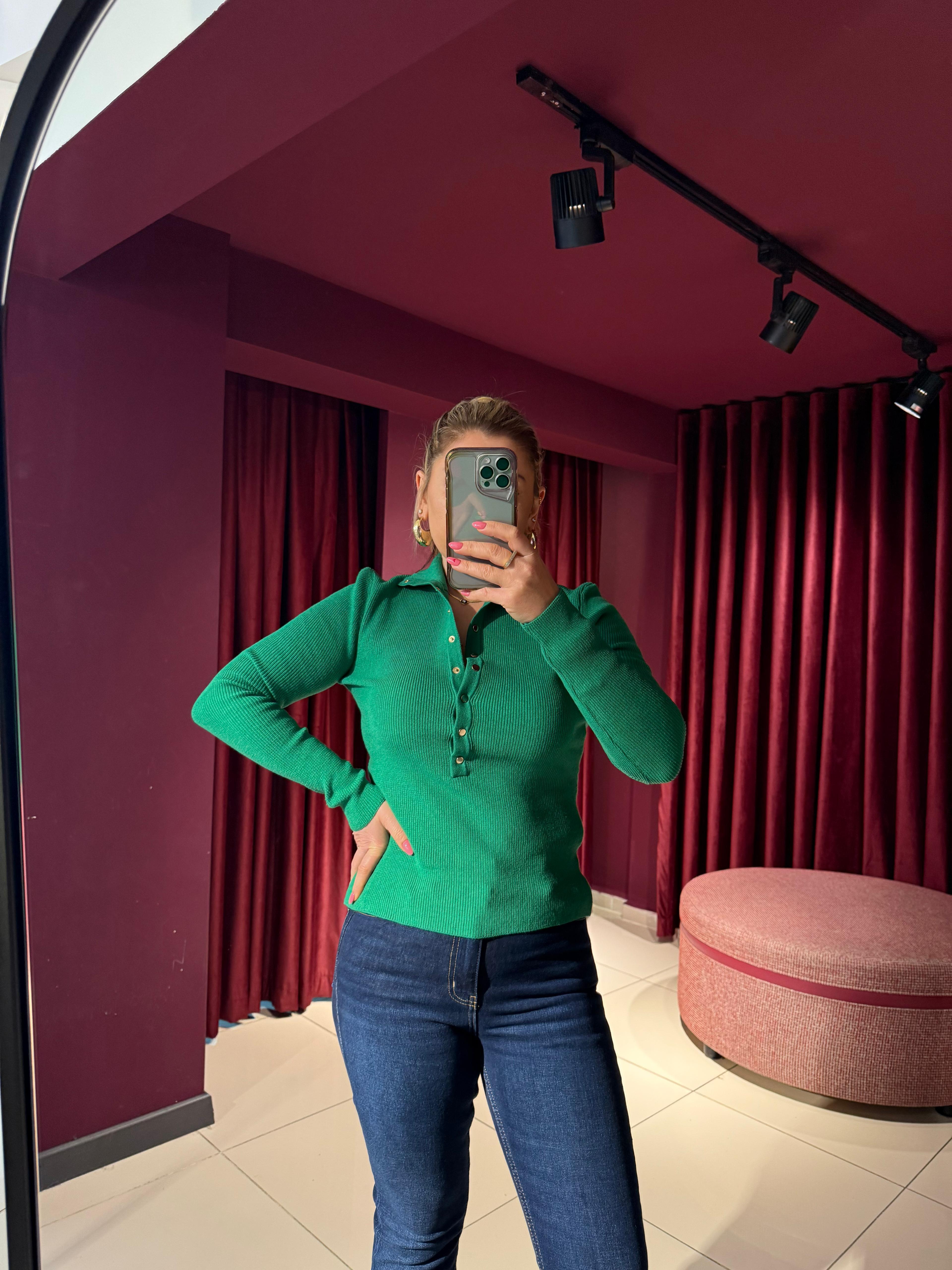 Bluz10686 Dik Yaka Çıtçıtlı Triko Bluz Yeşil
