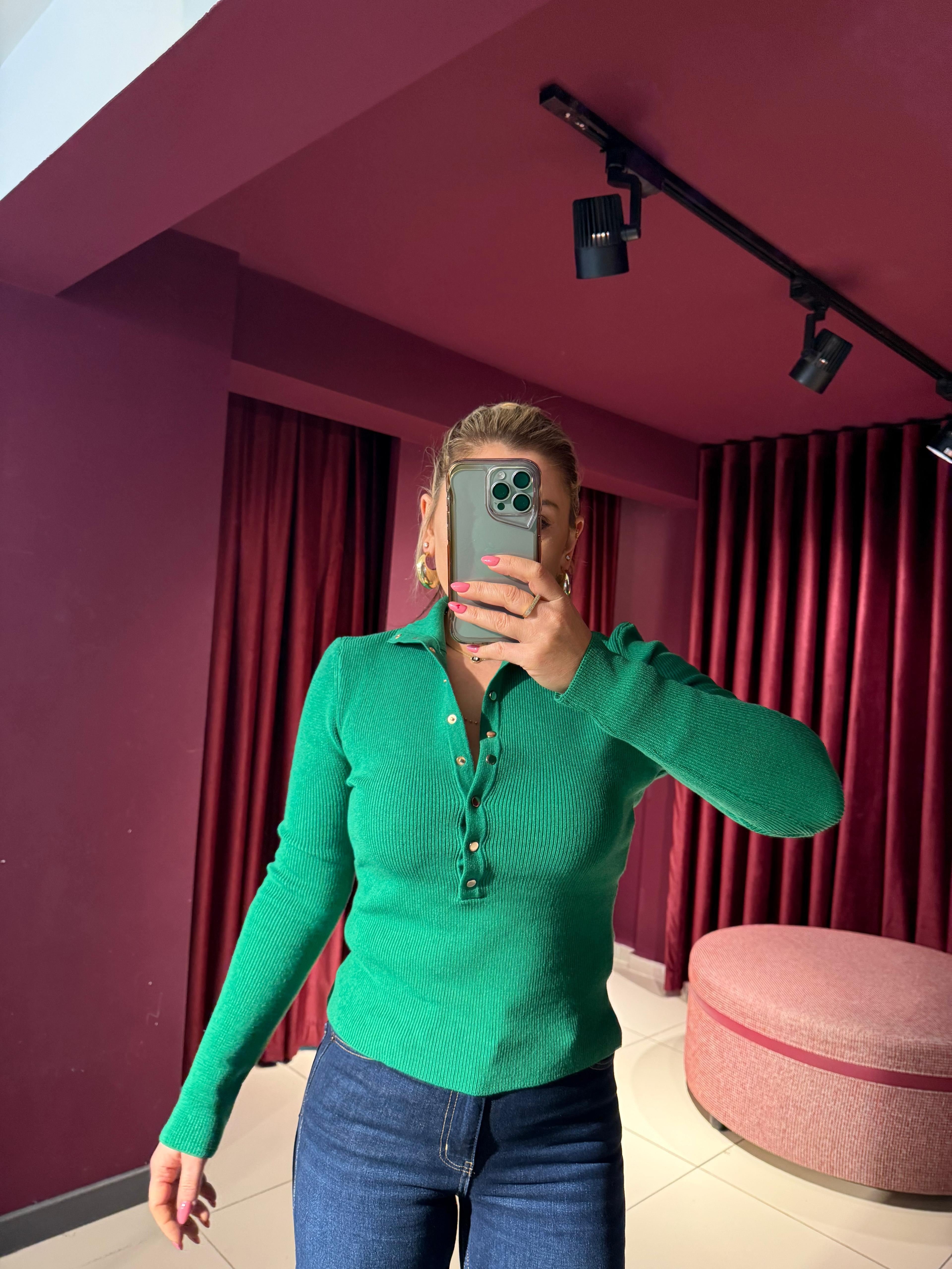 Bluz10686 Dik Yaka Çıtçıtlı Triko Bluz Yeşil