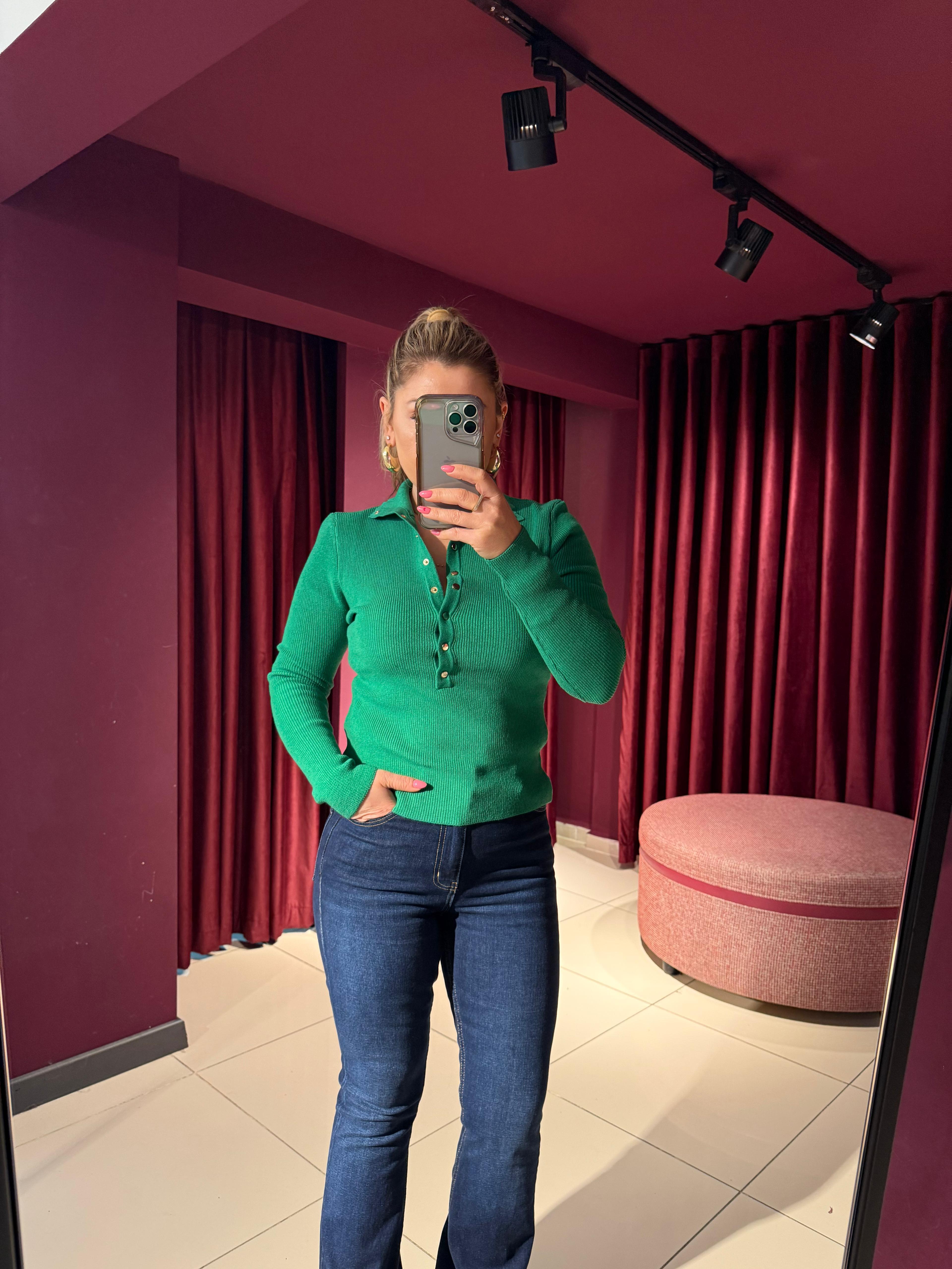 Bluz10686 Dik Yaka Çıtçıtlı Triko Bluz Yeşil