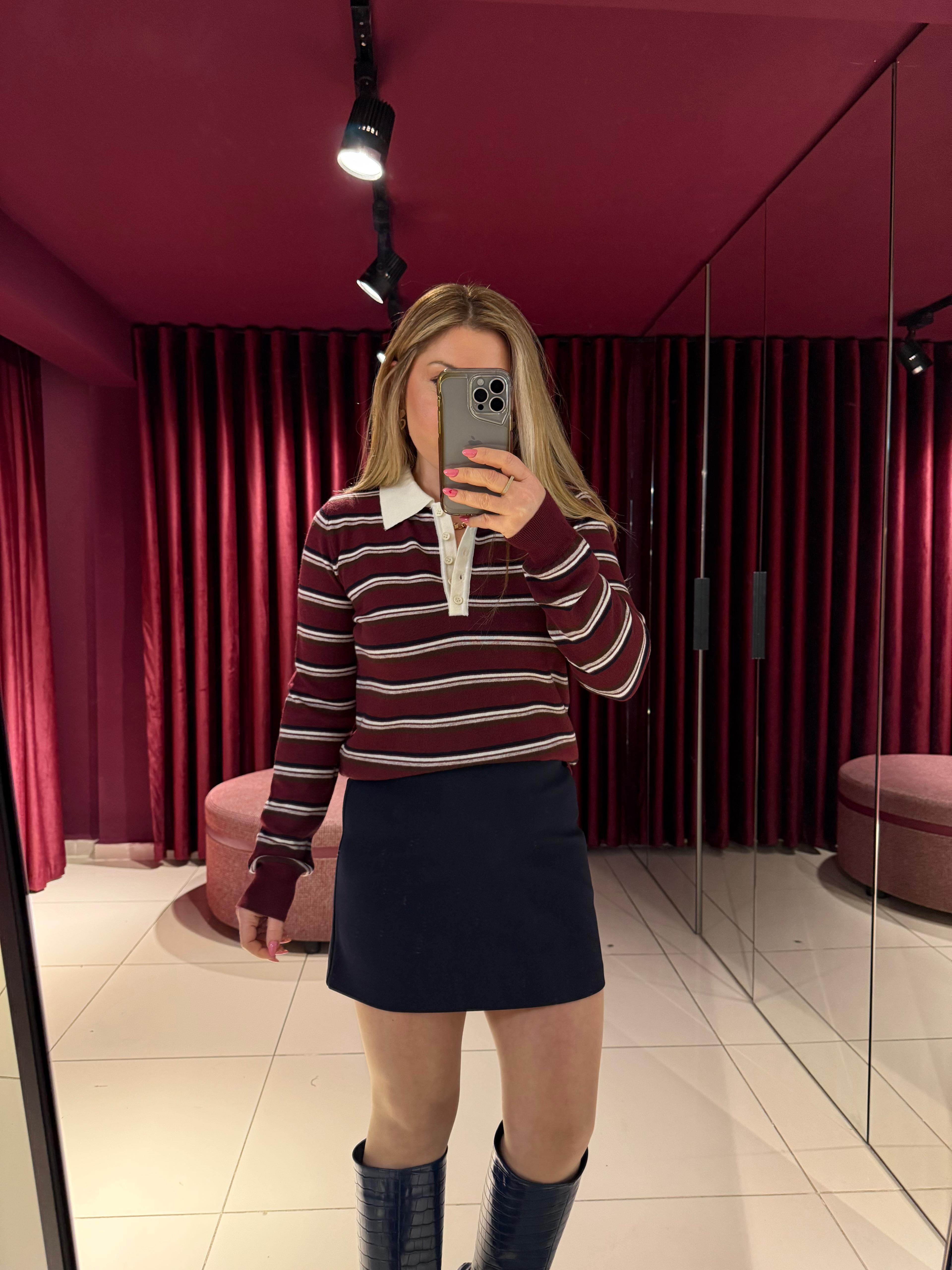 Bluz10712 Polo Yaka Çizgili Triko Bordo-Ekru