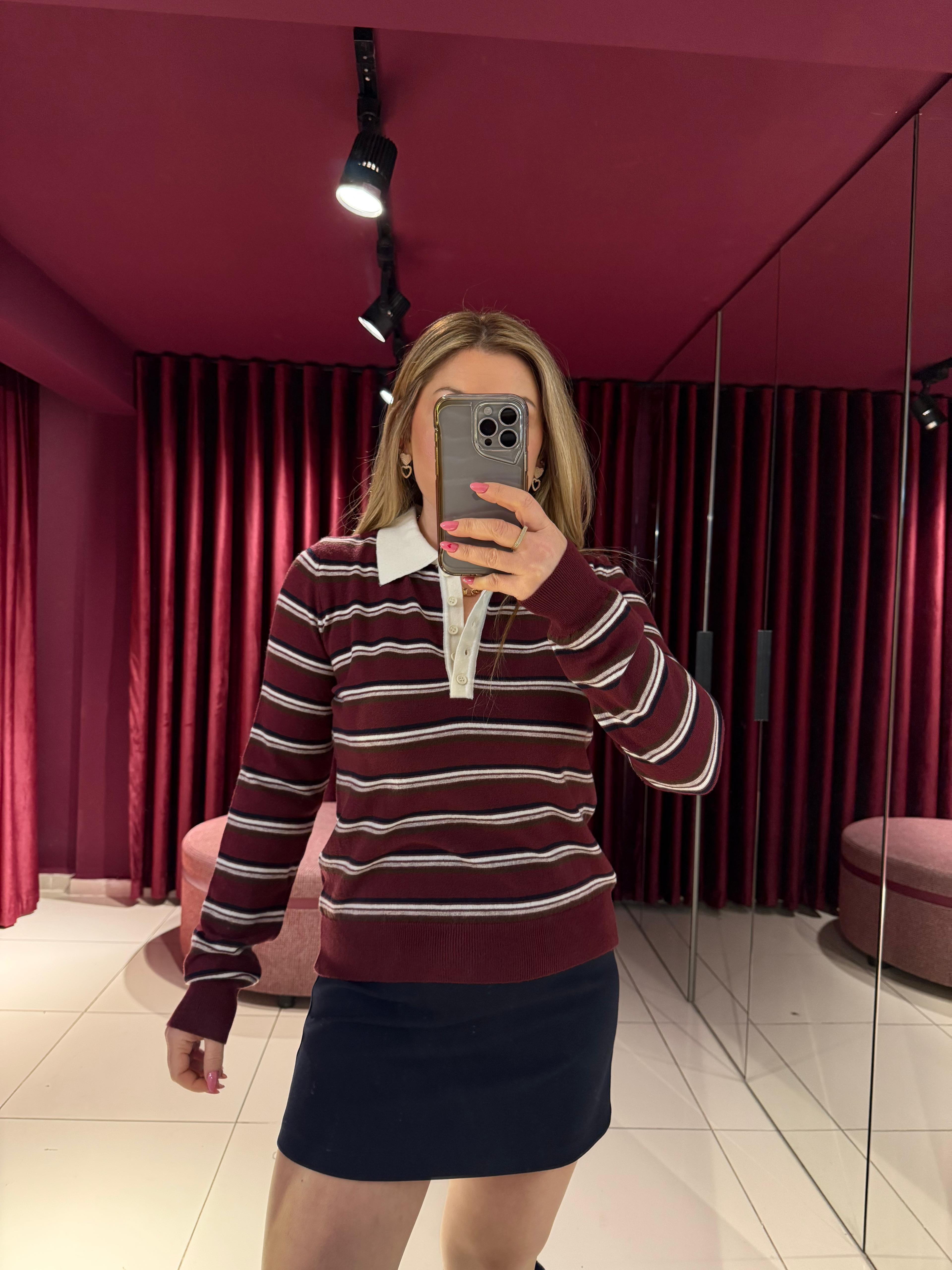 Bluz10712 Polo Yaka Çizgili Triko Bordo-Ekru