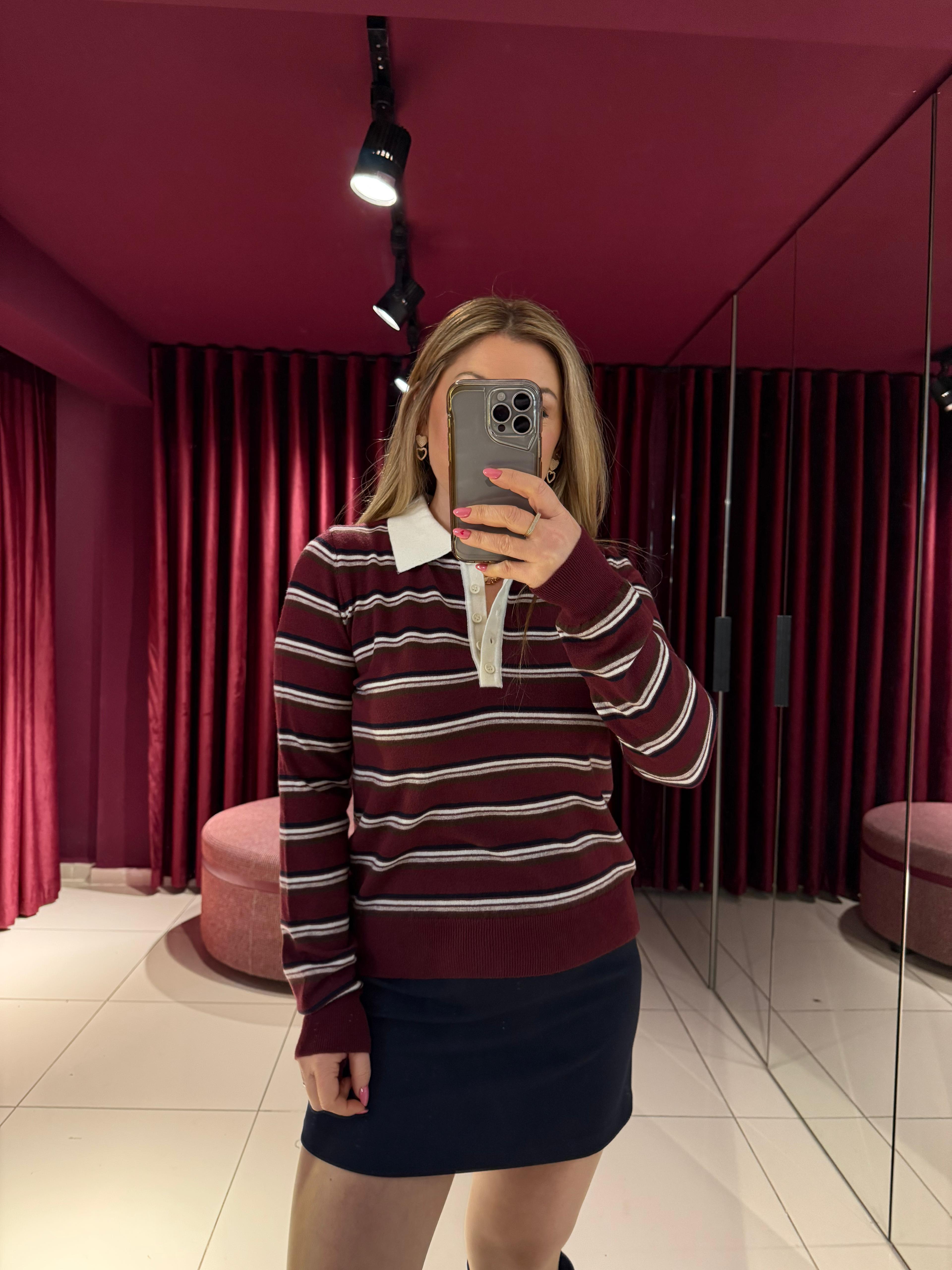 Bluz10712 Polo Yaka Çizgili Triko Bordo-Ekru