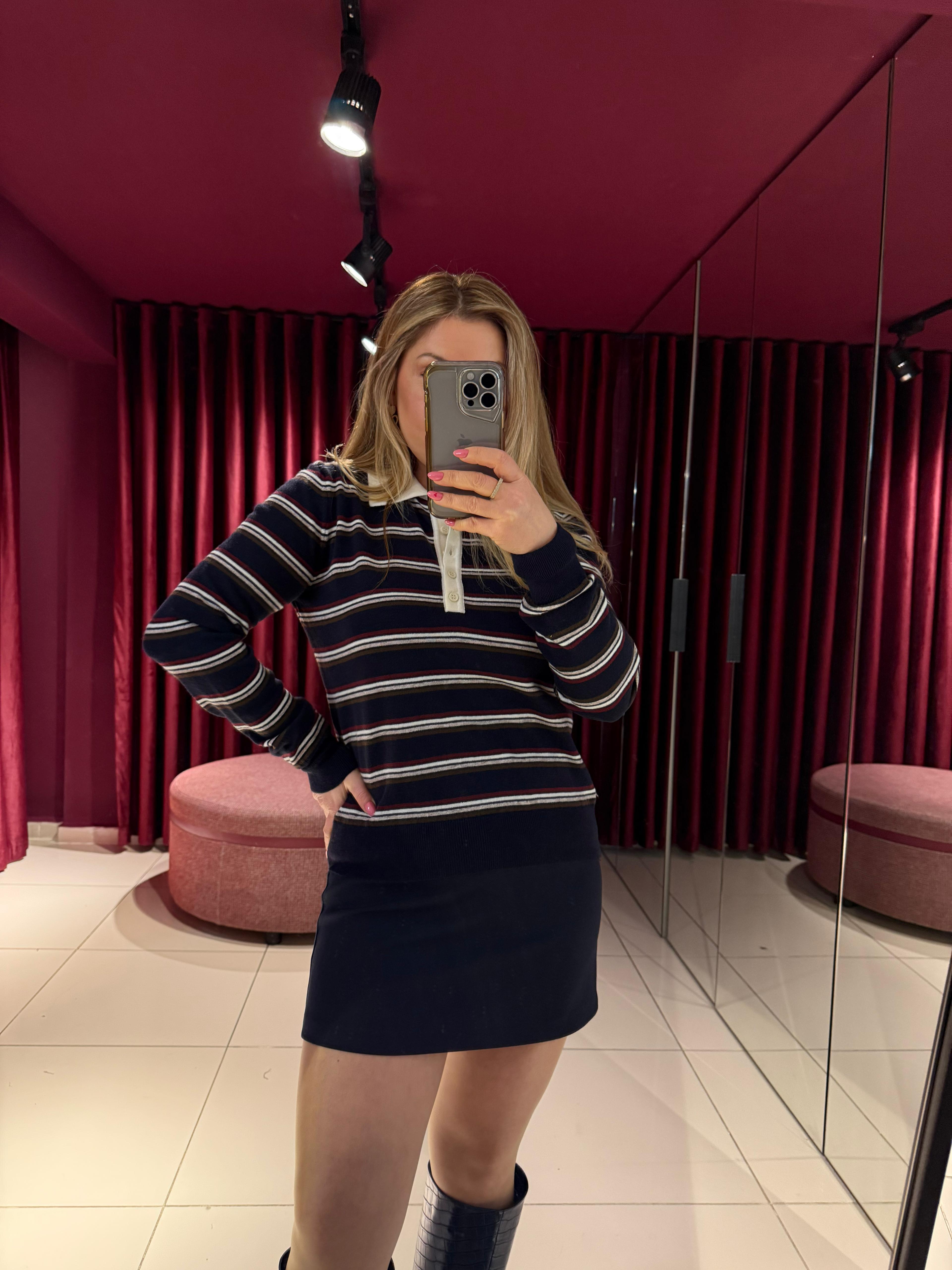 Bluz10712 Polo Yaka Çizgili Triko Lacivert-Ekru