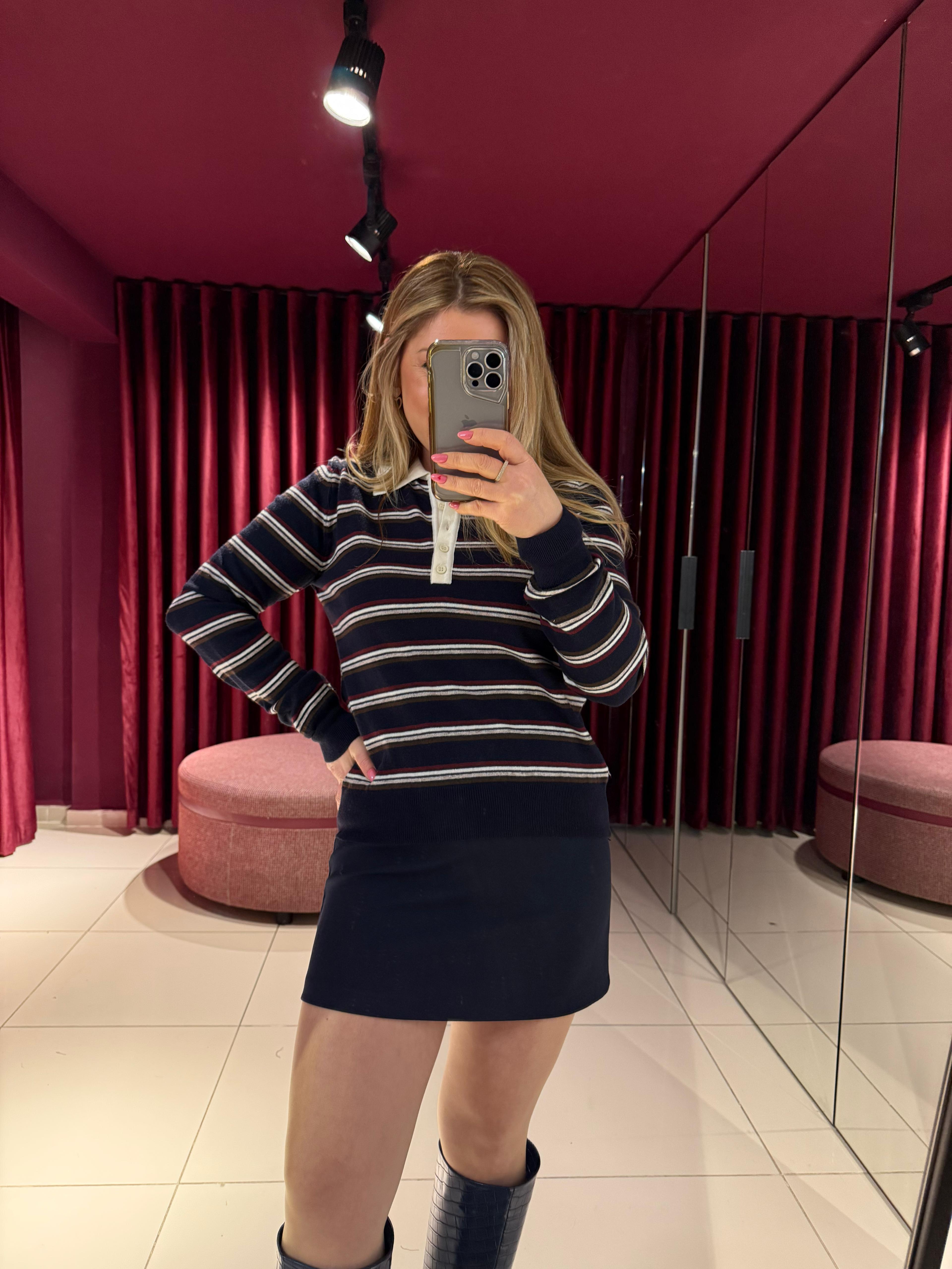 Bluz10712 Polo Yaka Çizgili Triko Lacivert-Ekru
