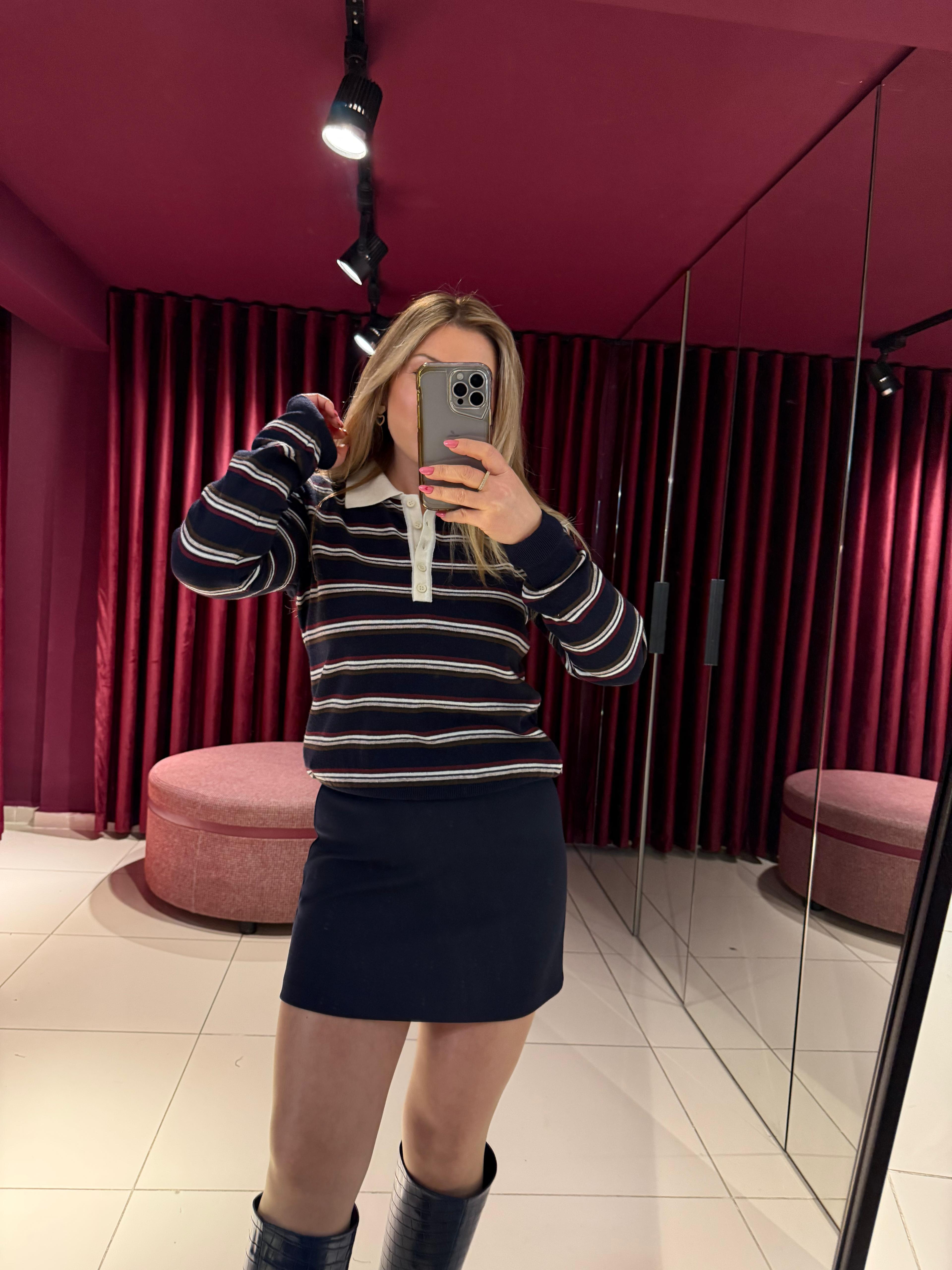 Bluz10712 Polo Yaka Çizgili Triko Lacivert-Ekru