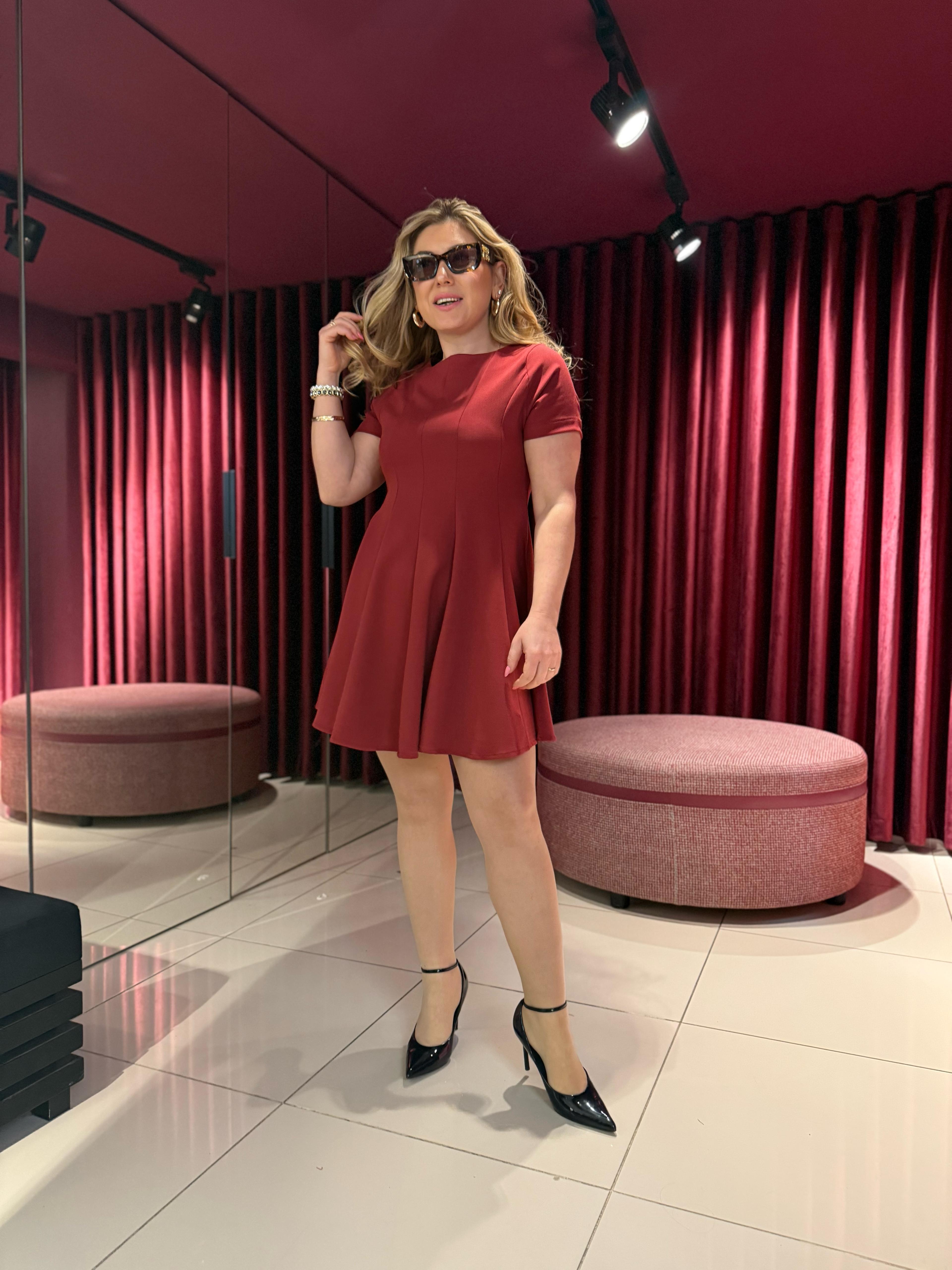 Kısa Elbiseler1403 Pileli Mini Elbise Bordo