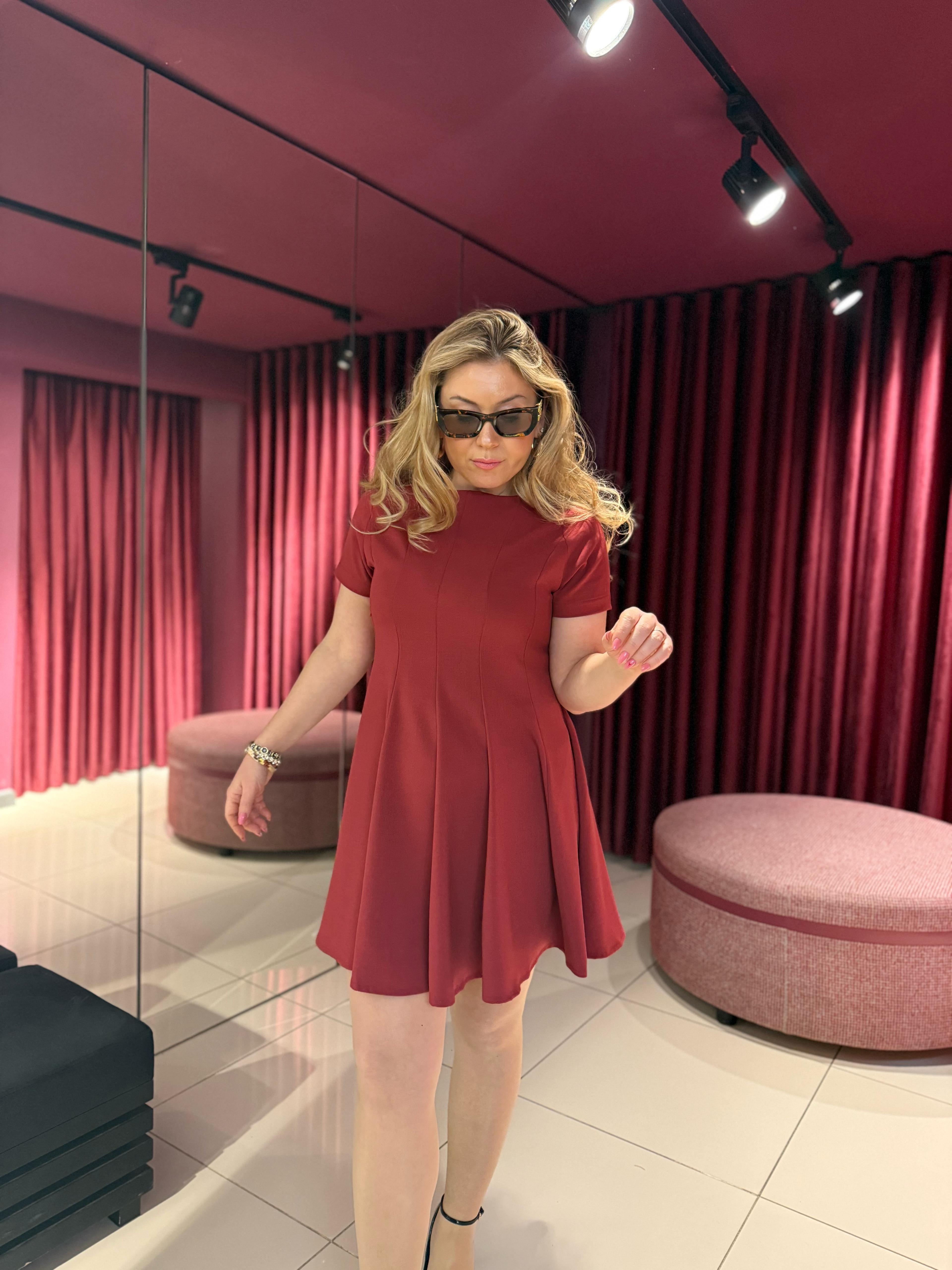 Kısa Elbiseler1403 Pileli Mini Elbise Bordo