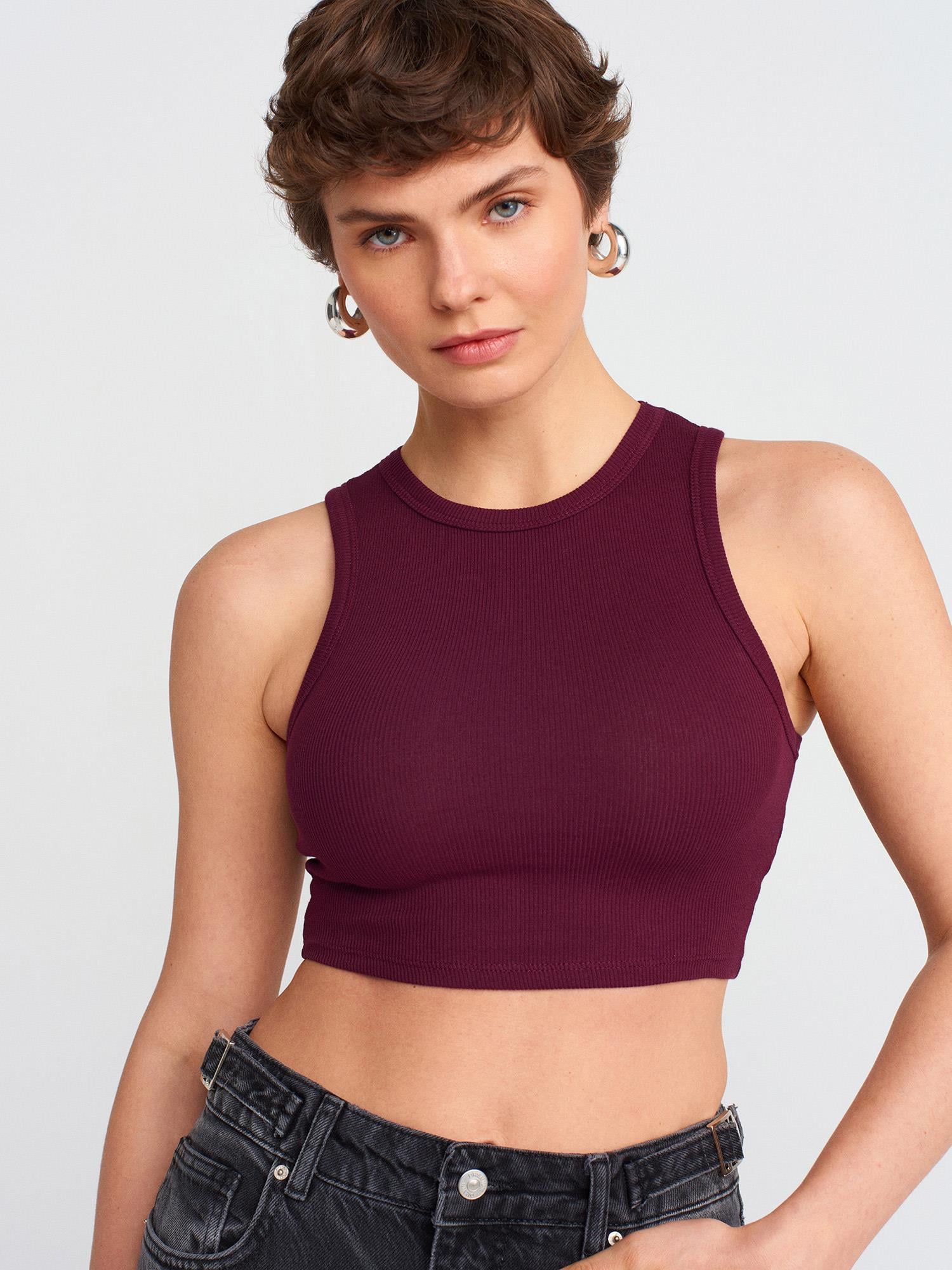 Crop 20820 Dikiş Efektli Crop Top Bordo